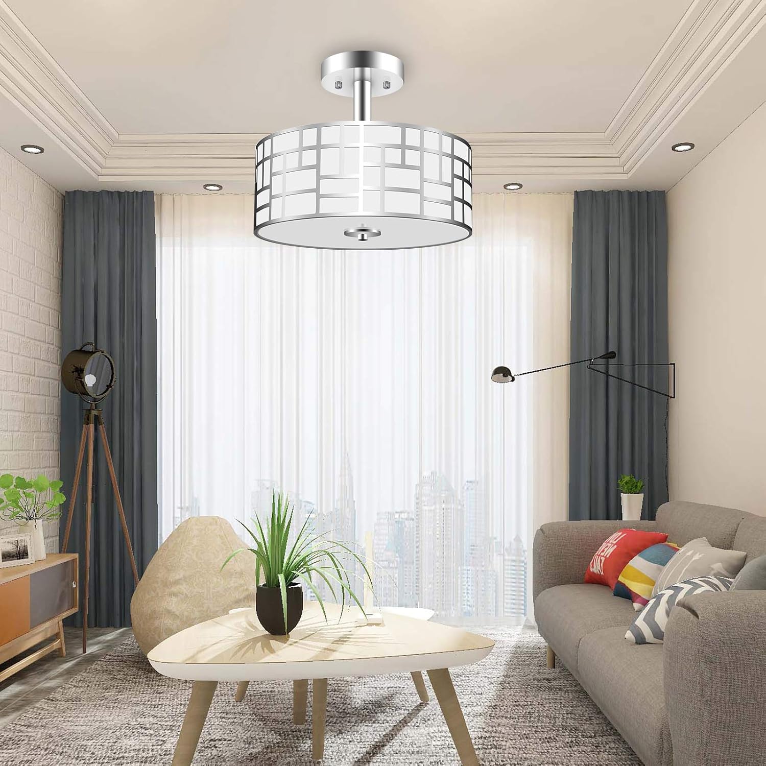 3-Light Semi Flush Mount Ceiling Light, Modern Hanging Kitchen Light Fixtures with Round Drum Steel and Glass Shade, Chrome Close to Ceiling Light Fixtures for Bedroom, Living Room by PARTPHONER : Everything Else