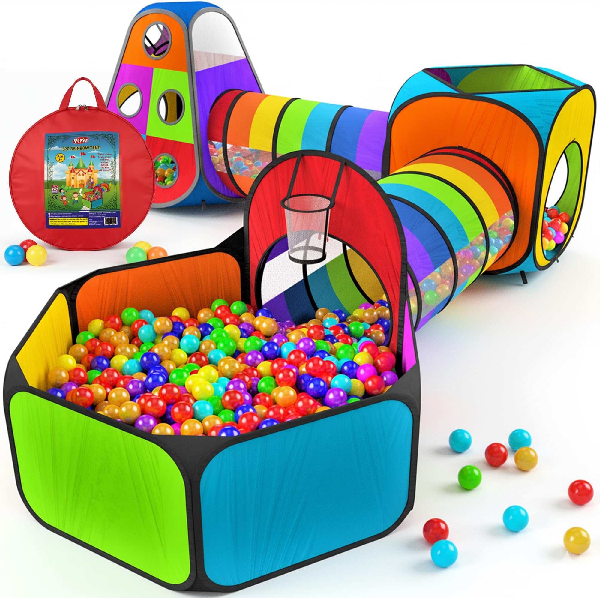 Playz 5pc Kids' Play Tents & Tunnels - Ball Pit for Toddlers, Basketball Hoop, Crawling Tubes, Pop-Up Playhouses, Baby Obstacle Course for Indoor or Outdoor Use