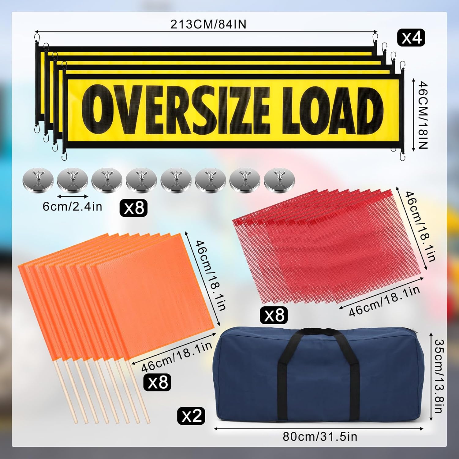 Newwiee 2 Sets Safety Flag Kit Includes Oversized Load Banner Oversize Load Sign, Red and Orange Flag Warning, Bag and Magnet for Truck Cargo Pedestrian Crossings Construction