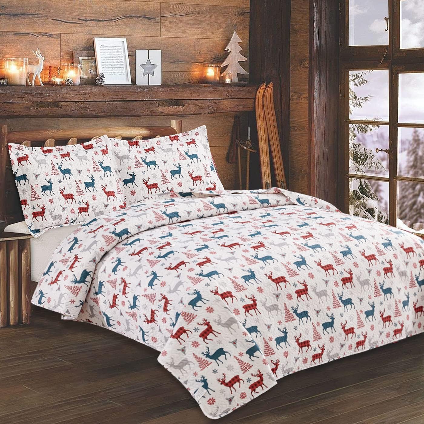 ARL HOME Christmas Quilt Set Queen Size Christmas Bedding Holiday Quilt Lightweight Bedspread Coverlet Xmas Quilt Set Bedding Rustic Lodge Cabin Forest Elk Moose Bedding Reversible Quilt