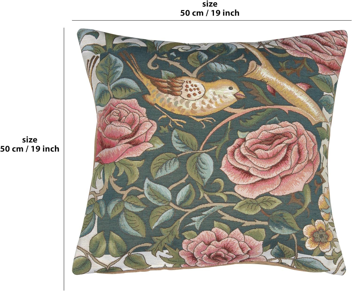 C Charlotte Home Furnishings Inc Zoom Bird and Roses Blue Square Throw Pillow Cover - 19 X 19 Decorative Boho Cushion Case for European Cotton Room Decor Jacquard Woven France Cushion for Living Room