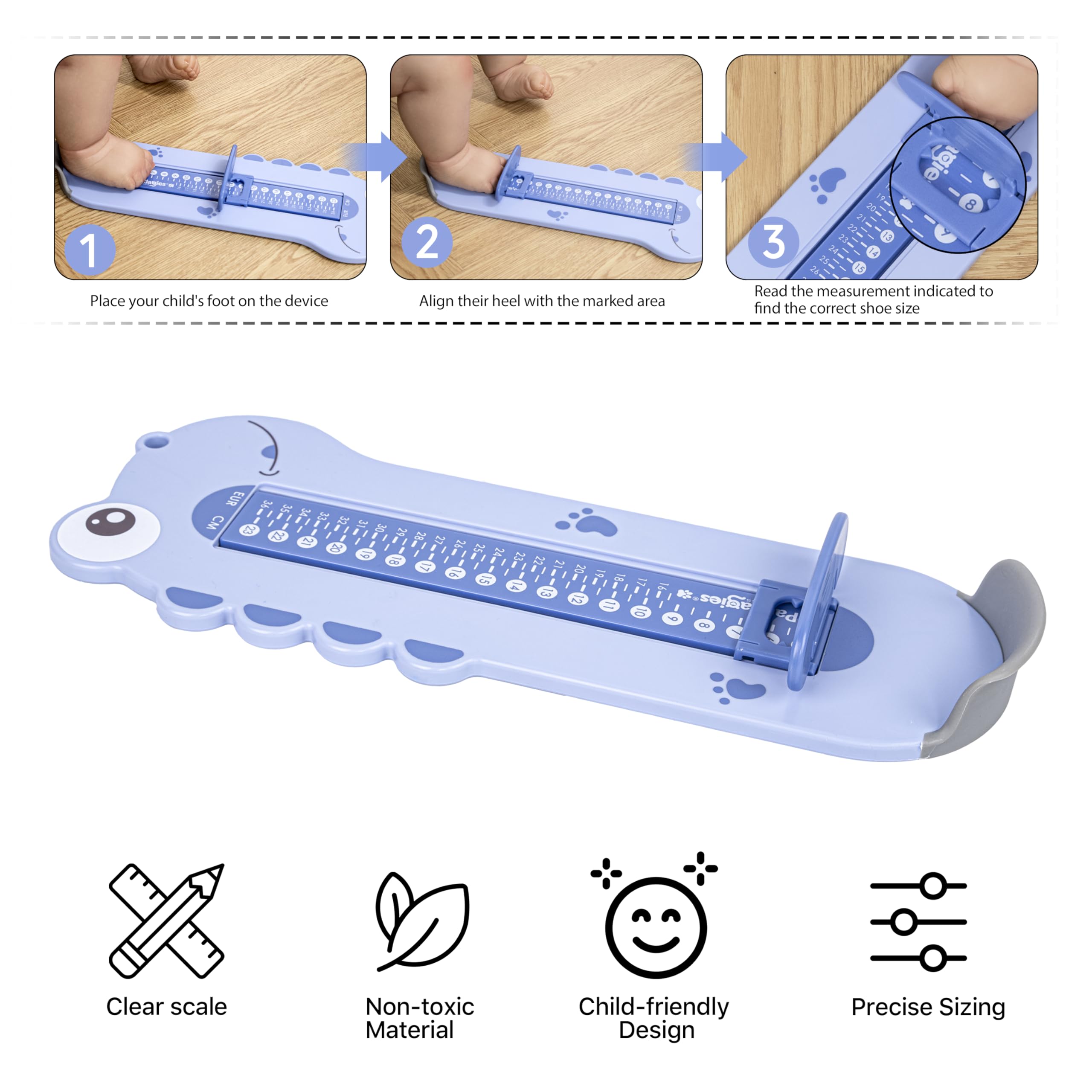 Pédimètre Bébé et Enfant - Pointure de 0 à 35 - Dispositif de Mesure Pied pour Determiner la Pointure à Partir du Nourrisson - Mètre Pied Bébé (Bleu)