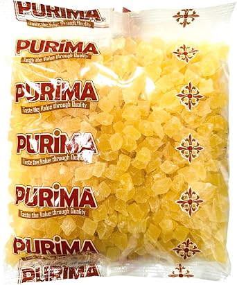 Dried Pineapple 1kg   Dry Diced Chunks & Pieces Sweetened with Added Sugar - Dehydrated Tropical Exotic Fruit Crystallised Dice Pine Apple Core Cubes Sweet Candied Snack - Large Bulk Bag Vegan PURIMA