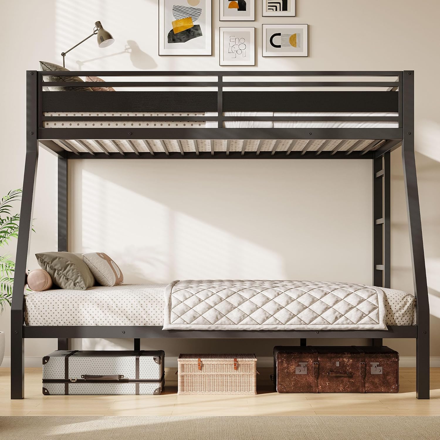 Feonase Bunk Beds Twin Over Full Size, Heavy Duty Metal Bunk Beds with Safety Guardrail & Ladders, Steel Loft Bed Frame for Teens and Adults, Apartment or Dorm, Noise Free & Easy Assembly, Black