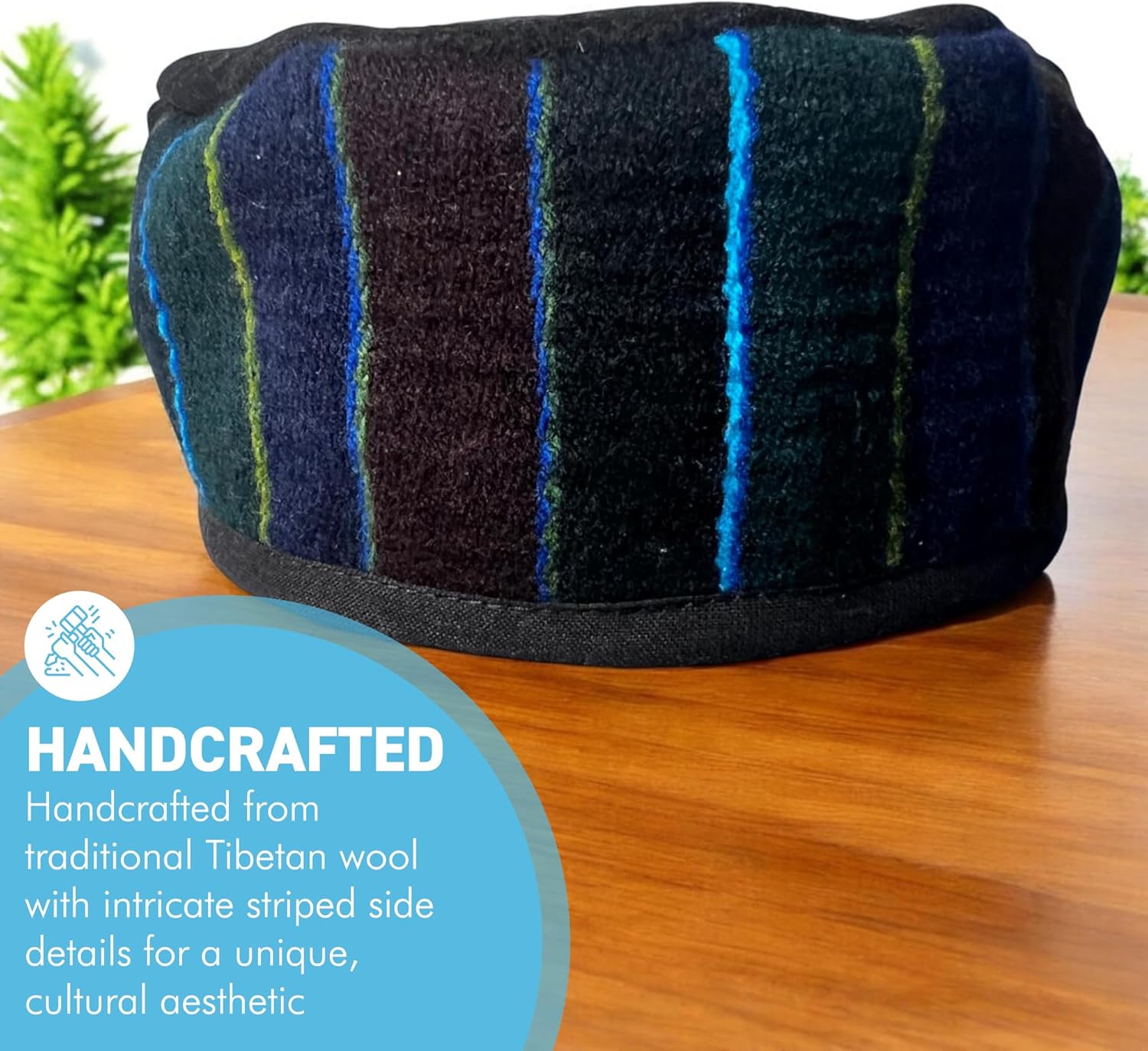Thorness Handmade Nepalese Wool Black Smoking Cap, Lightweight, Stylish, with Traditional Tibetan Accents, Size 59cm, large, Black, 7 1/4