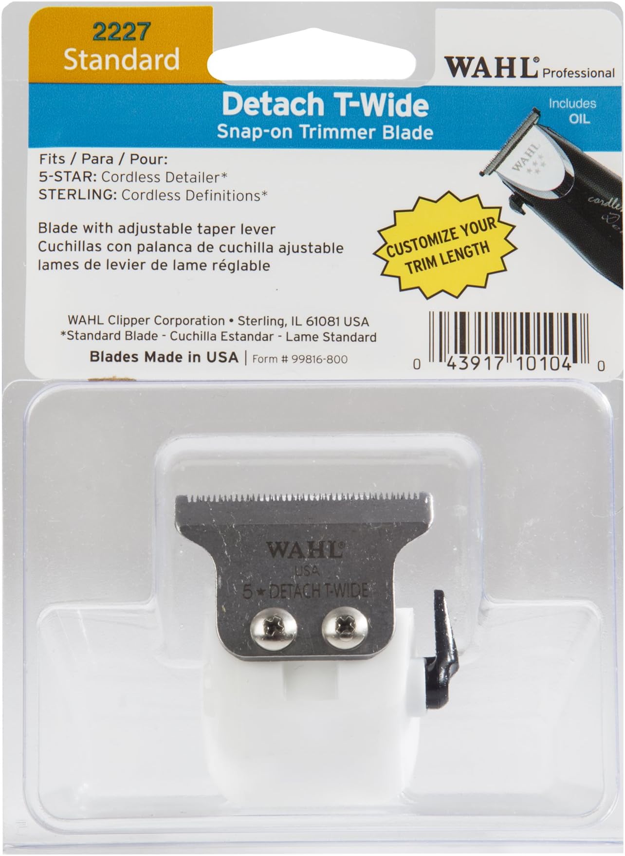 Wahl Professional Standard Detach T Wide Snap On Trimmer Blade 2227 - For the 5 Star Cordless Detailer and the Sterling Cordless Definitions - Includes Oil