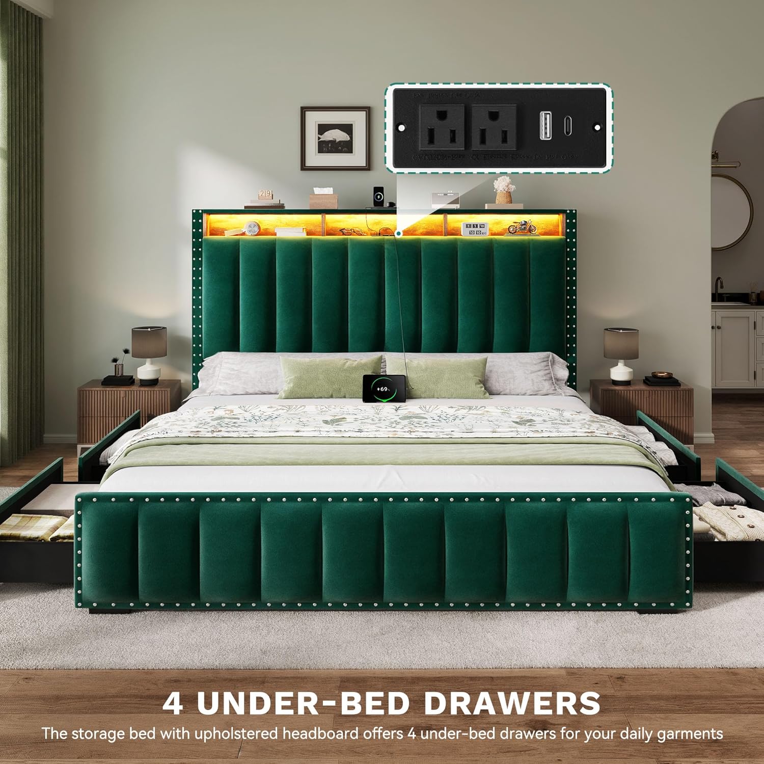 Assembled Bed Frame with Under-Bed Drawers