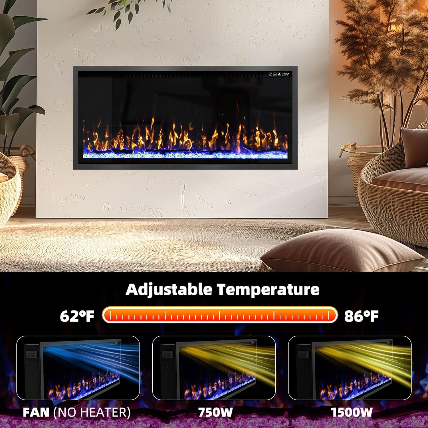Ludatido 42 Inch Crystal Electric Fireplace with Log&Crystal, Realistic Flame, Touch & Remote Control, Recessed or Wall Mounted, 750/1500W 600 sq.ft Heating Output Fireplace Heater-Ultra