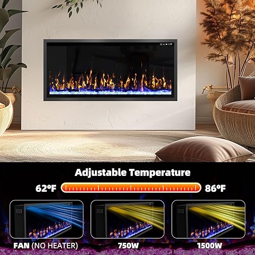 Miniatura 10 de Chimenea eléctrica de 60 pulgadas montada en la paredempotrada, inserto de chimenea eléctrica con 5100BTU para habitación de 410 pies cuadrados,