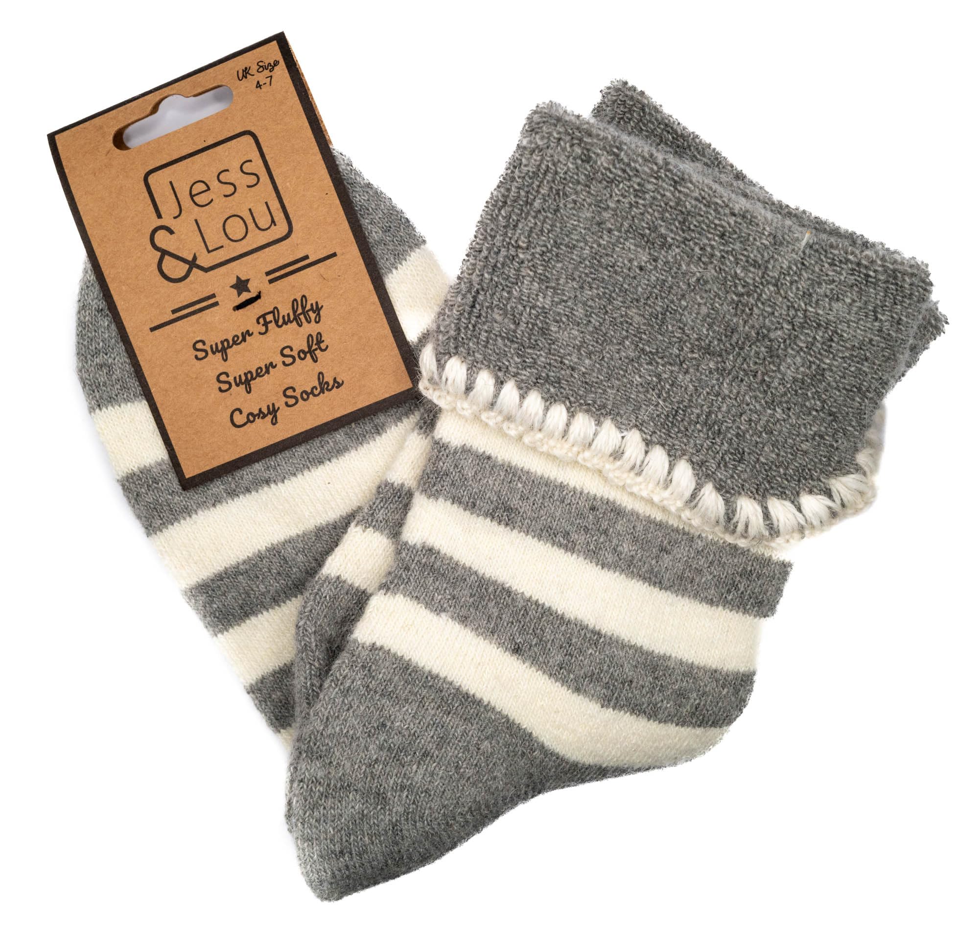 Jess & Lou Women's Socks - Cosy Cuffs - Grey and White Stripes