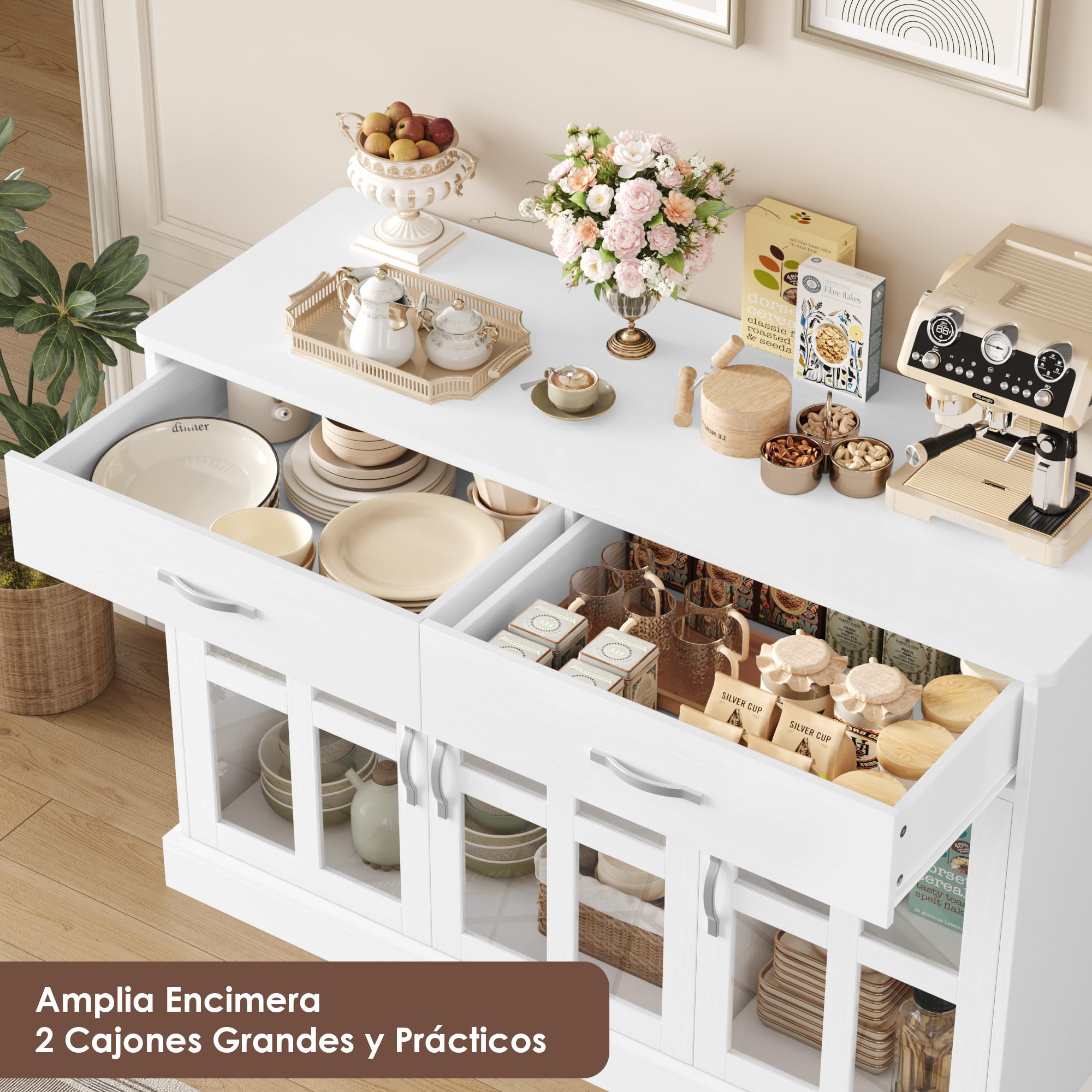 FirFurd Aparador Cocina con 3 Puertas de Cristal, Vitrina Salón, Muebles de Cocina, Aparador Comedor, Armario Buffet con 2 Cajones, Estantes Ajustables, Blanco 120x40x84cm
