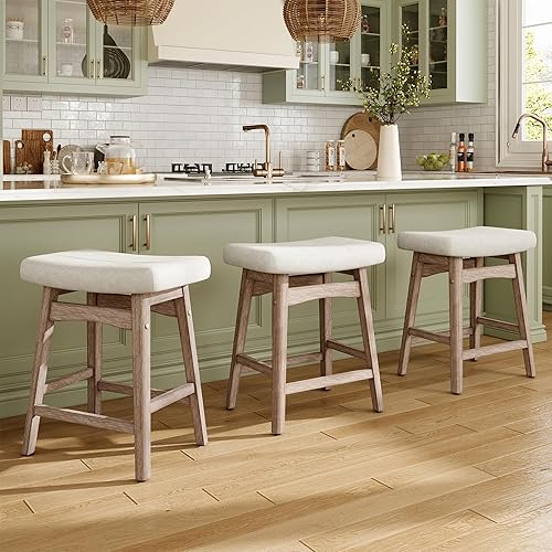 Miniatura 9 de MAISON ARTS Juego de 2 taburetes de bar beige para encimera de cocina, patas de madera maciza con asiento de cuero sintético, taburetes de bar de