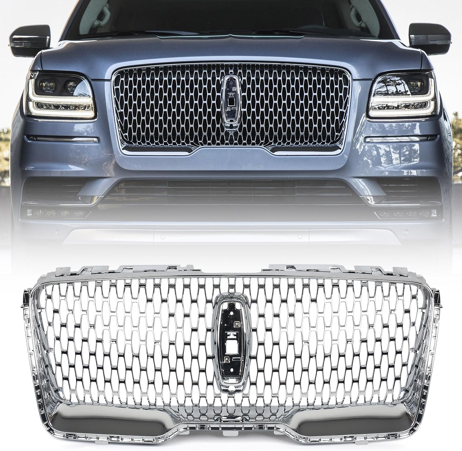 JOLONG Front Upper Grille Fit for Lincoln Navigator 2018-2021 Bumper Upper Hood Grill Sport OE Style Replacement for JL7Z8200BA (Glossy Black)