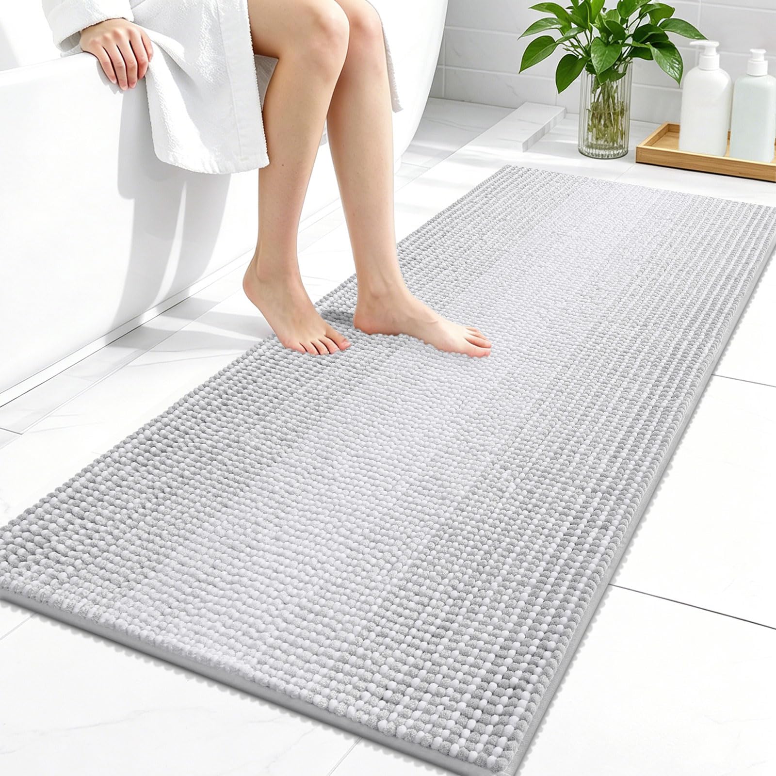 OLANLY Bathroom Runner Rugs 44x24, Chenille Striped Bath Rugs, Light Grey