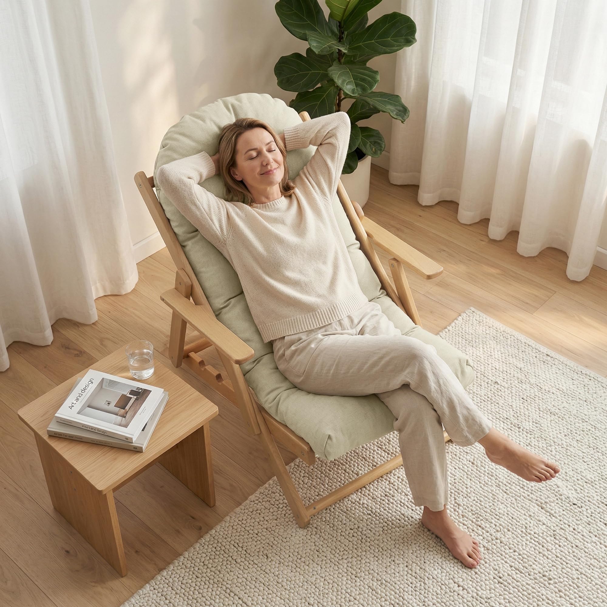 HOMCOM Fauteuil Chaise de Salon Pliable et inclinable en Bois Fauteuil Relax Confortable avec Coussin capitonné épais - 71 x 89 x 96 cm crème