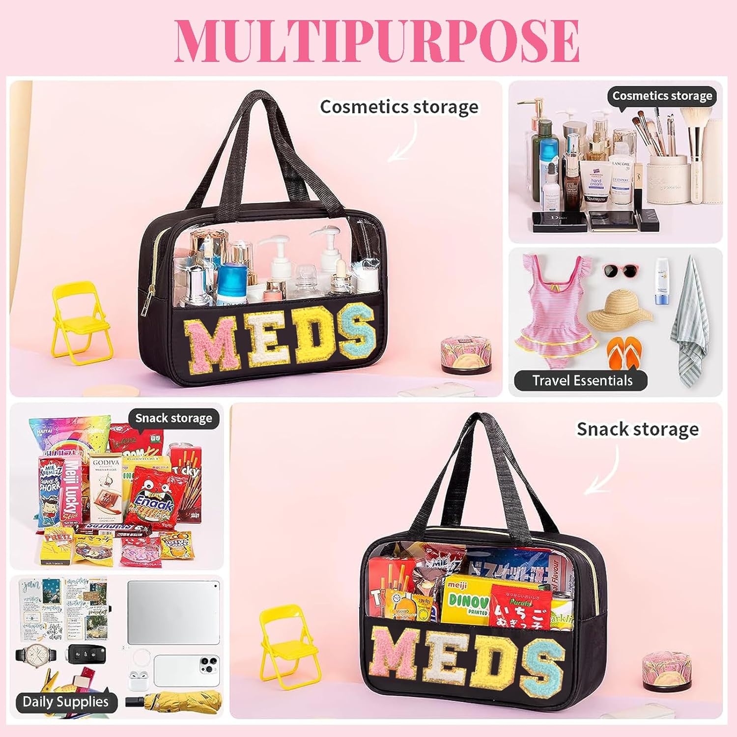 Chenille Letter MEDS Bag Clear Medical Medicine bag for Traveling Preppy Emergency Patch Bag with Handle and Zipper Waterproof Nylon Portable Makeup Bag for Women - Image 7