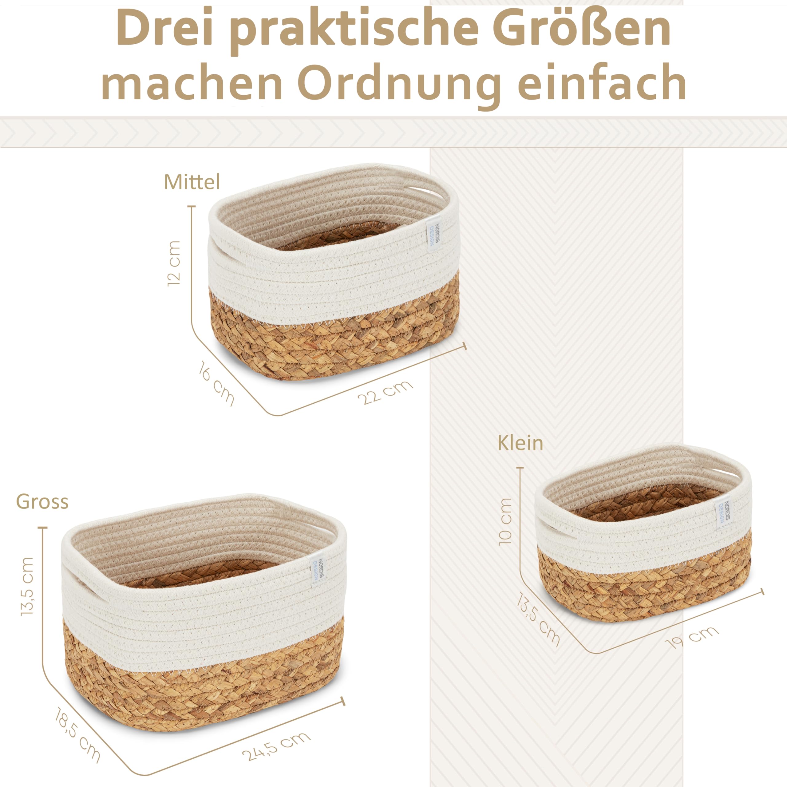 Aufbewahrungskörbe 3er Set aus Wasserhyazinthe und Baumwolle, Bad Aufbewahrungskorb geflochten als Badkorb zur Badezimmer Aufbewahrung & Bad Organisation creme-weiß