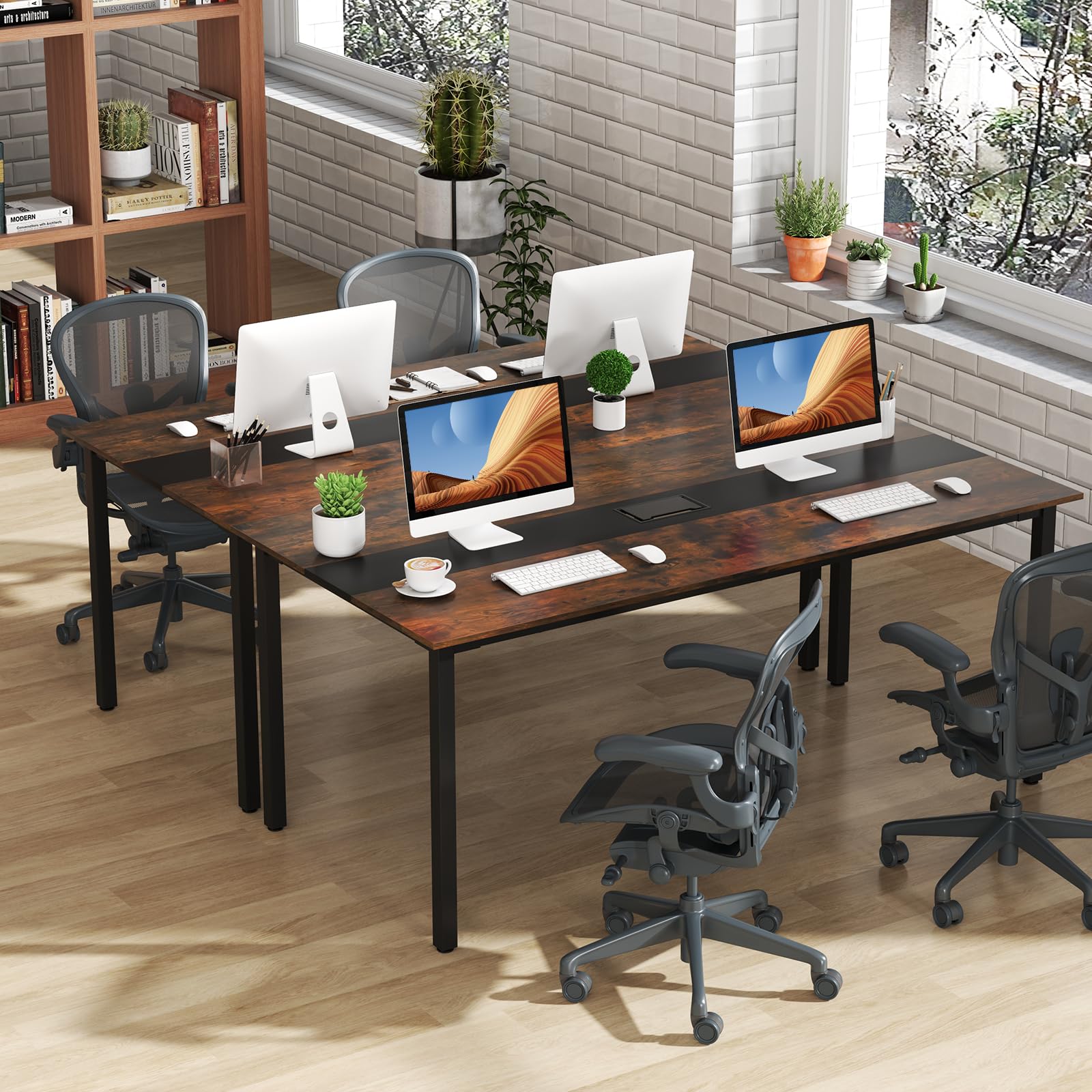GYMAX Tavolo Discussioni di Gruppo per 8-10 Persone, Sistema di Gestione dei Cavi, Grande Scrivania Rettangolare per Riunioni in Ufficio, Sala Conferenze, 180 x 90 x 75,5 cm, Stile Industriale