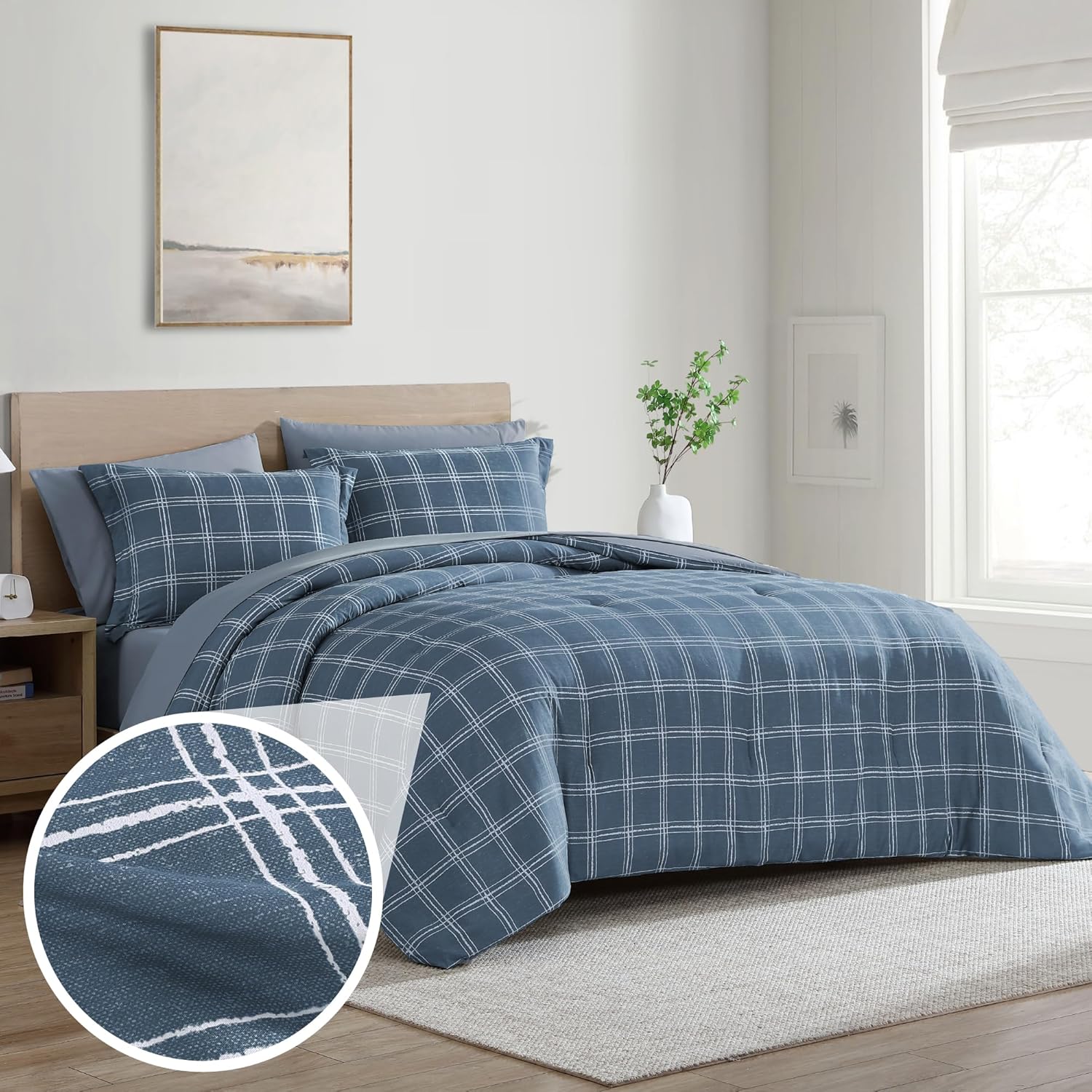 Cathay Home Basic Bedding Home Essential Ultra Soft Lightweight 7PC Wrinkle Resistant Microfiber Bed in a Bag Set (Includes Complete Sheet Set & Comforter Set) - Navy Plaid, Queen