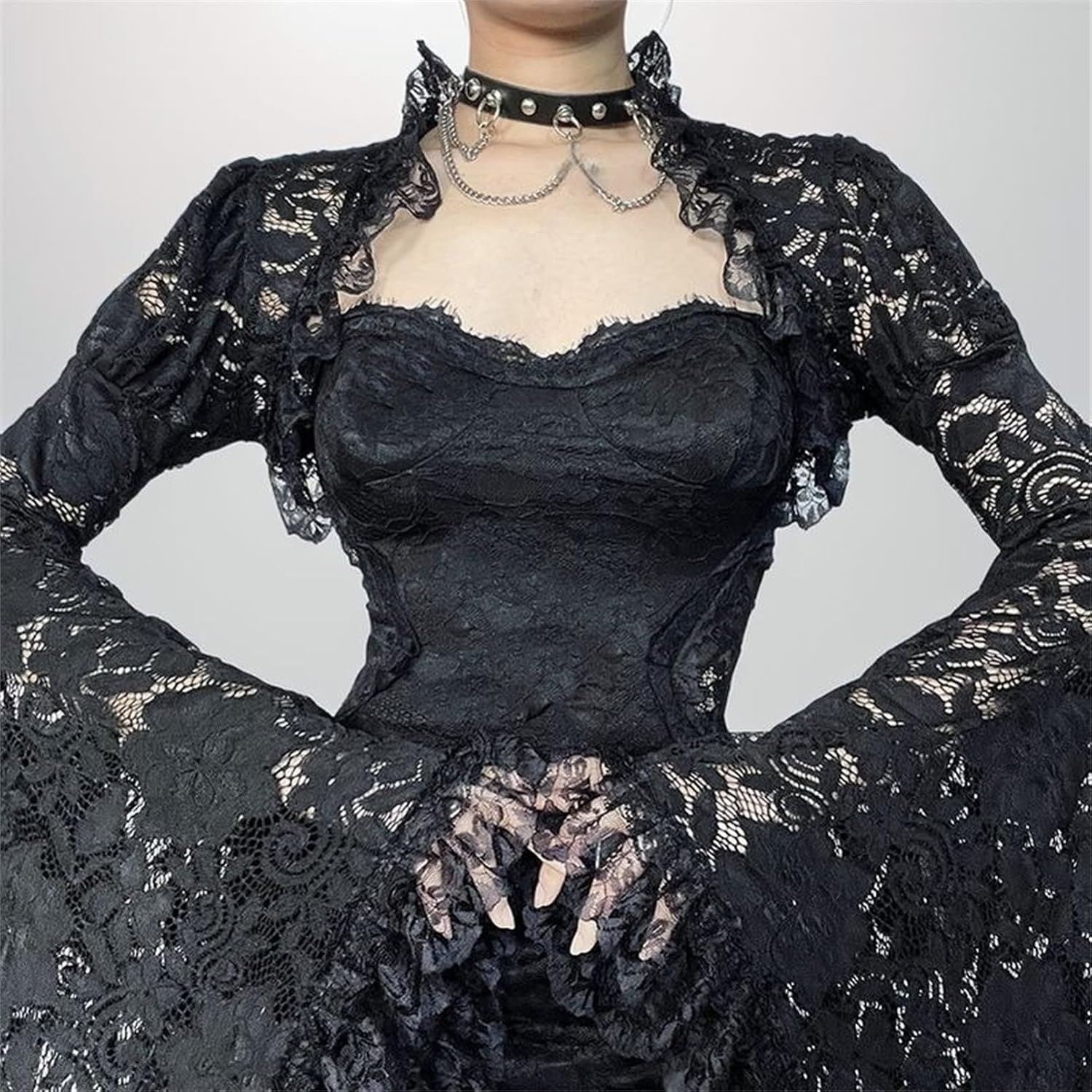 win2win Bolero Lace Crop Shrug Top Women Goth Sheer Mesh Punk Bell Long Sleeve