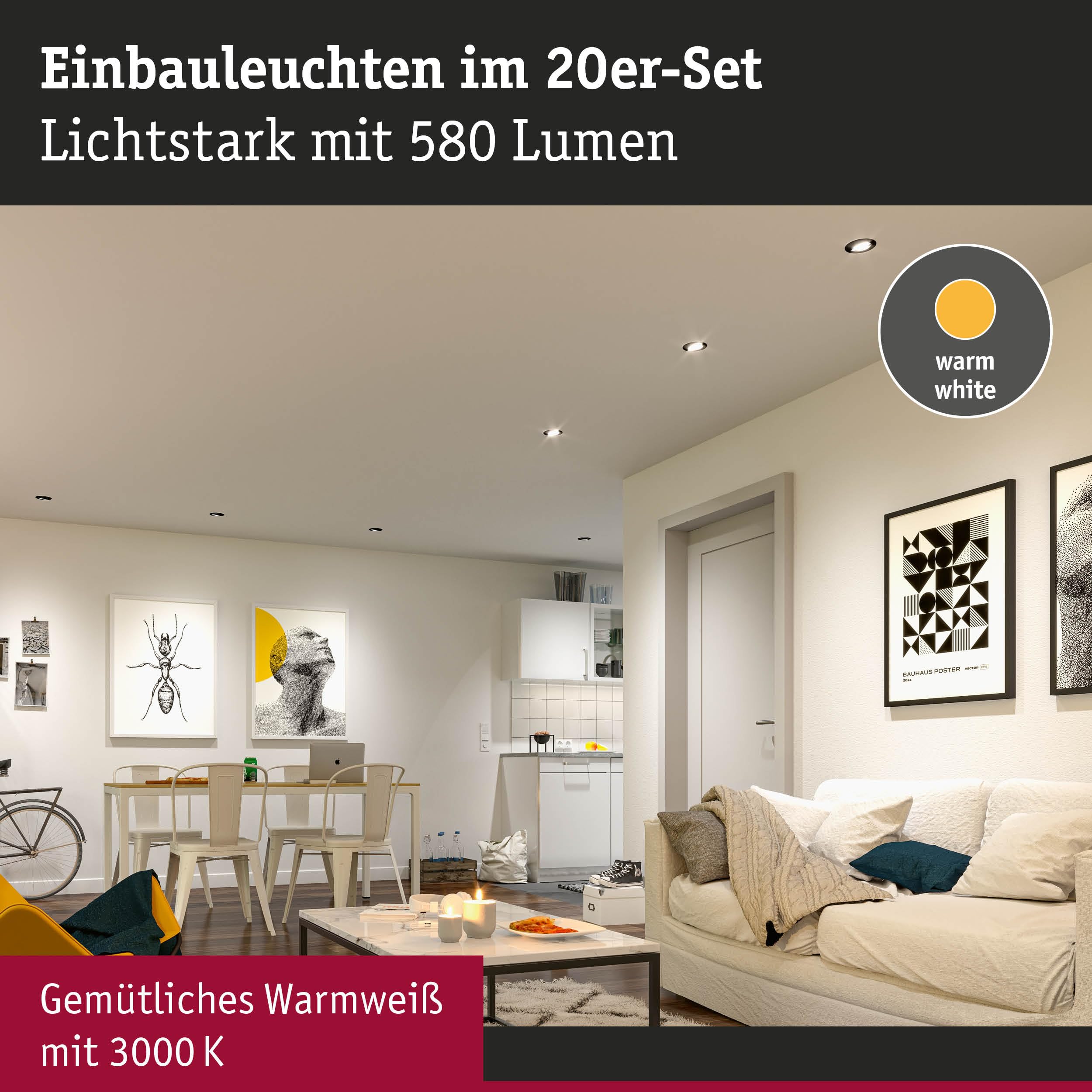 Paulmann 99997 LED Einbauleuchte 20er-Pack schwenkbar 82mm 70° 20x4,8W 20x450lm 230V 3000K Weiß