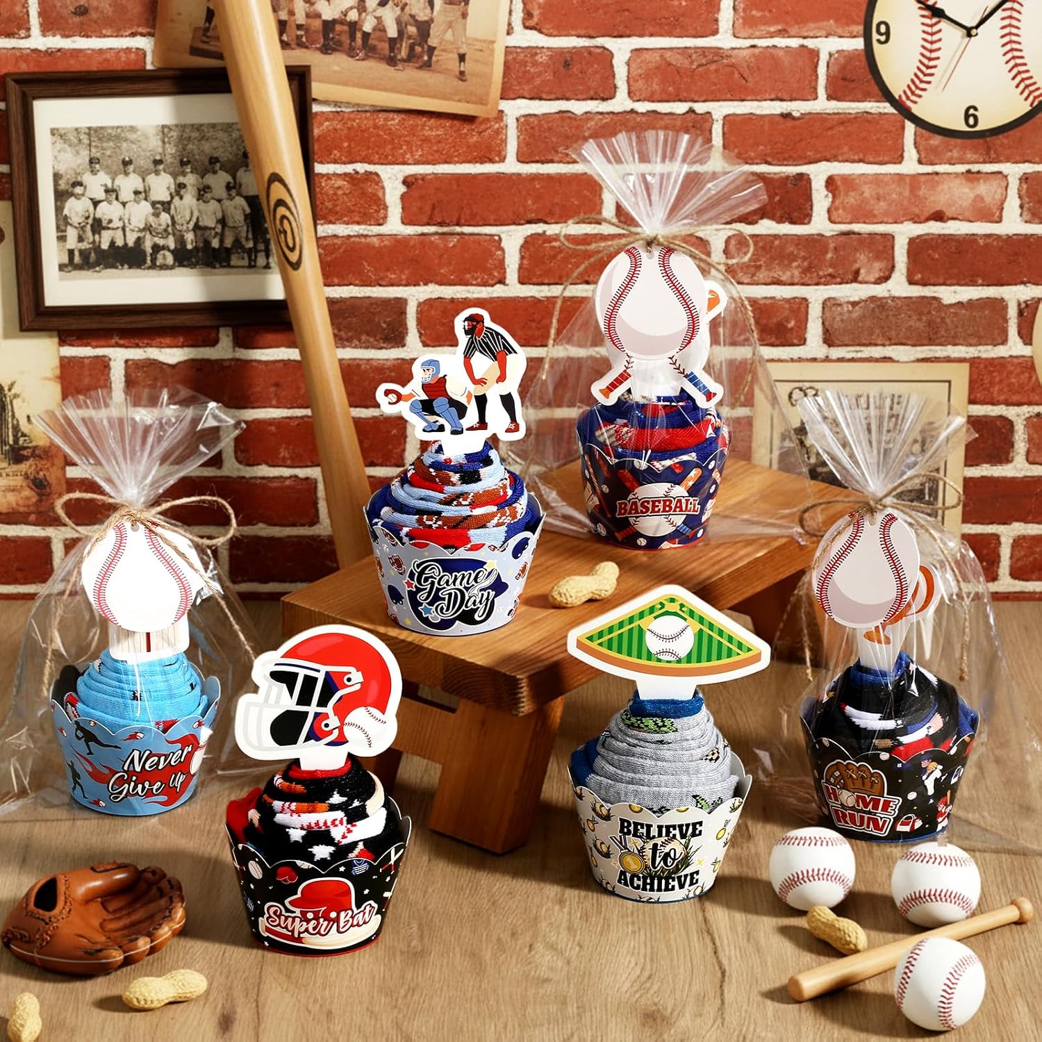 Foaincore 6 Pair Baseball Cupcake Socks Gift, Funny Baseball Socks Bulk for Men Women Team Player Lovers Father DIY Birthday - Image 2