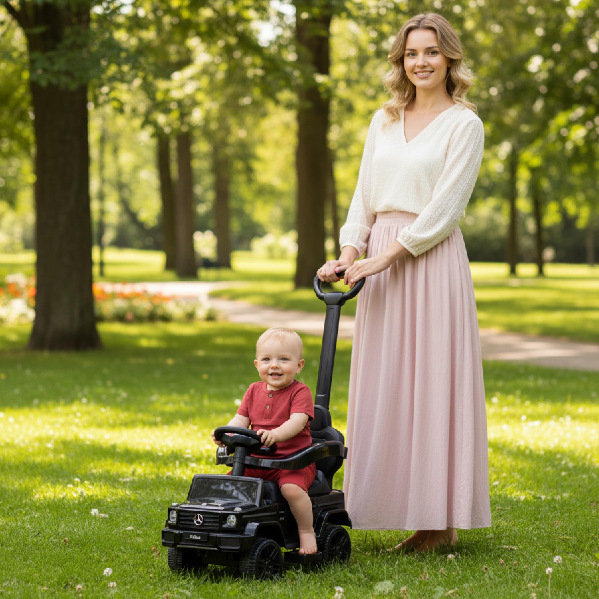 Rutschauto ab 1 Jahr mit Schubstange, Mercedes G mit Schubstange, Kinderauto, Baby Auto (Schwarz)