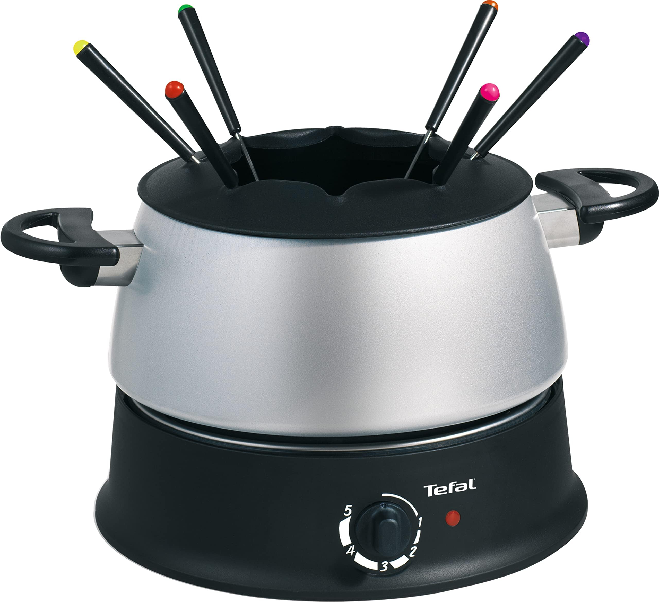 Tefal EF3000 Fondue Base Ronde|1200 Watt| mit 6 farbigen Gabeln| Für jede Fondueart: Öl, Käse, Schokolade| mit Spritzschutz| regelbarer Thermostat| einfache Reinigung| Silber/Schwarz