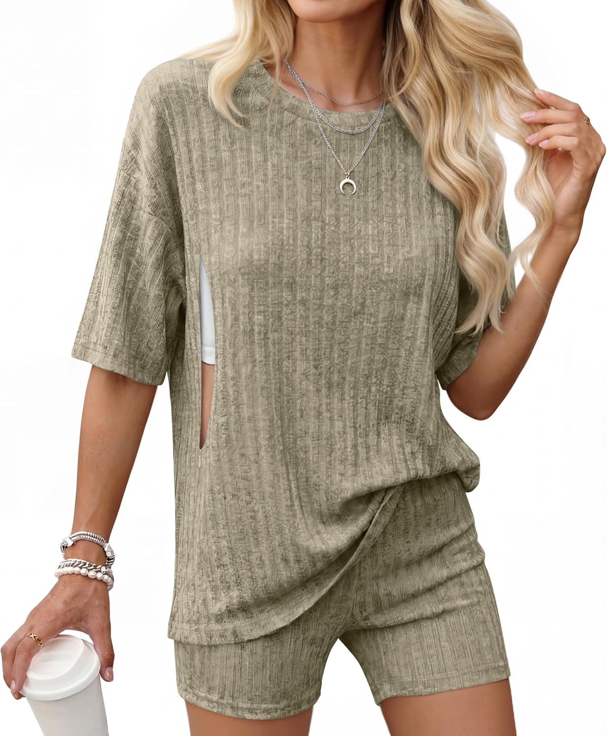 Women's 2 Piece Outfit Maternity Nursing Set Breastfeeding Ribbed Zipper Short Shirts Pregnancy Shorts with Pockets