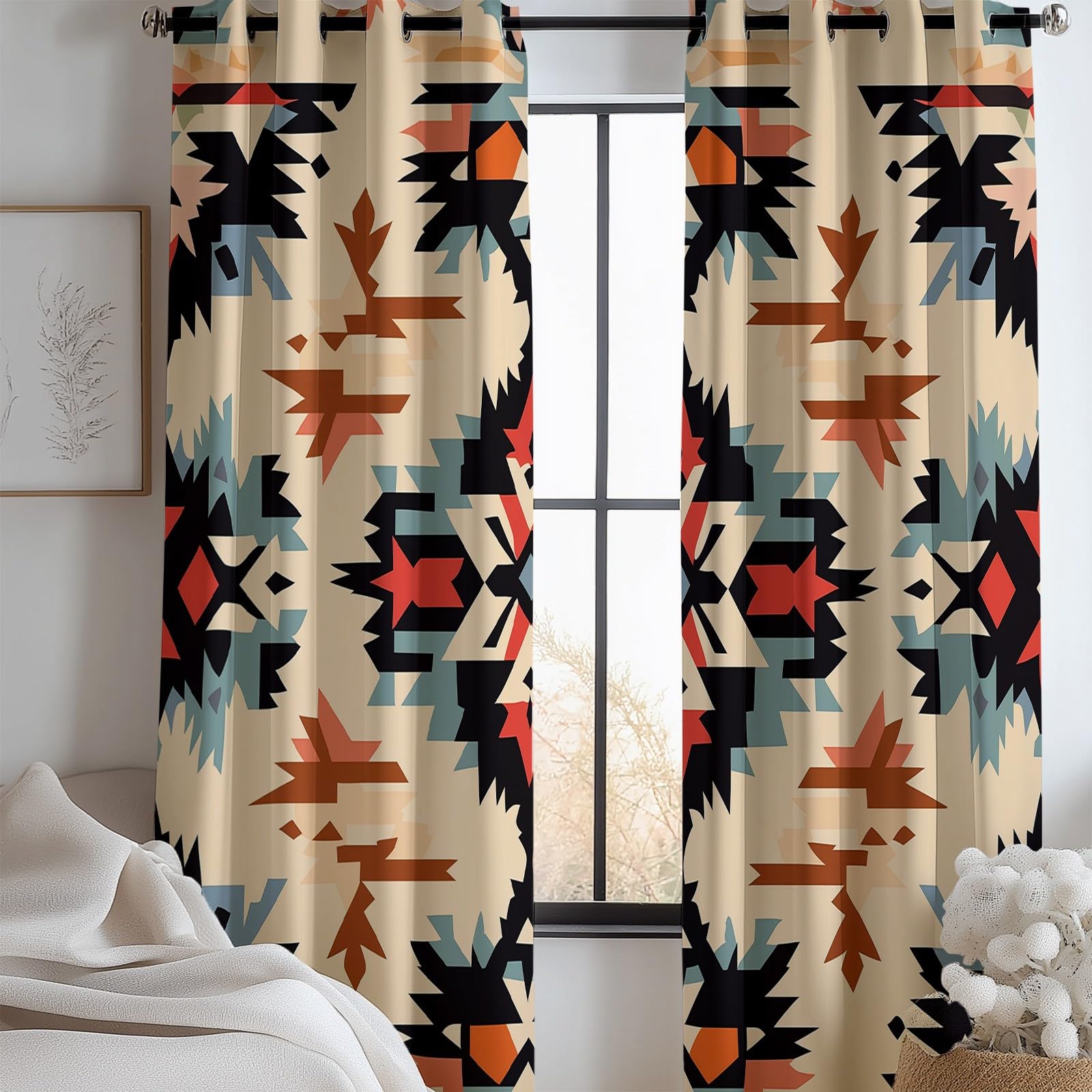 Blickdichte Vorhänge Amerikanische Ethnische Drucke Weiche Thermovorhang Gardinen Blickdicht mit Ösen H 260 x B 140 cm 2er Pack, Verdunkelung Ösenschal Wohnzimmer Schlafzimmer Beige