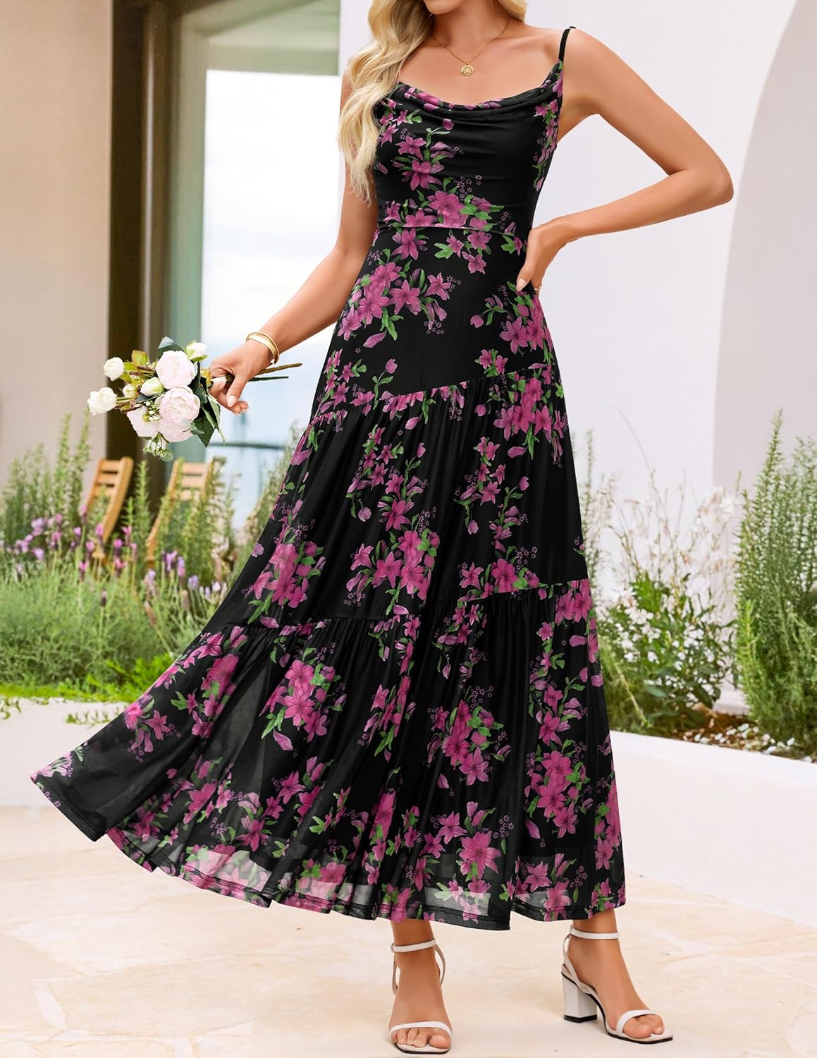 ZESICA Women's Summer Floral Sleeveless Maxi Dress 2026 Boho Mesh Beach Wedding Guest Spaghetti Strap Flowy Long Dresses - Image 2