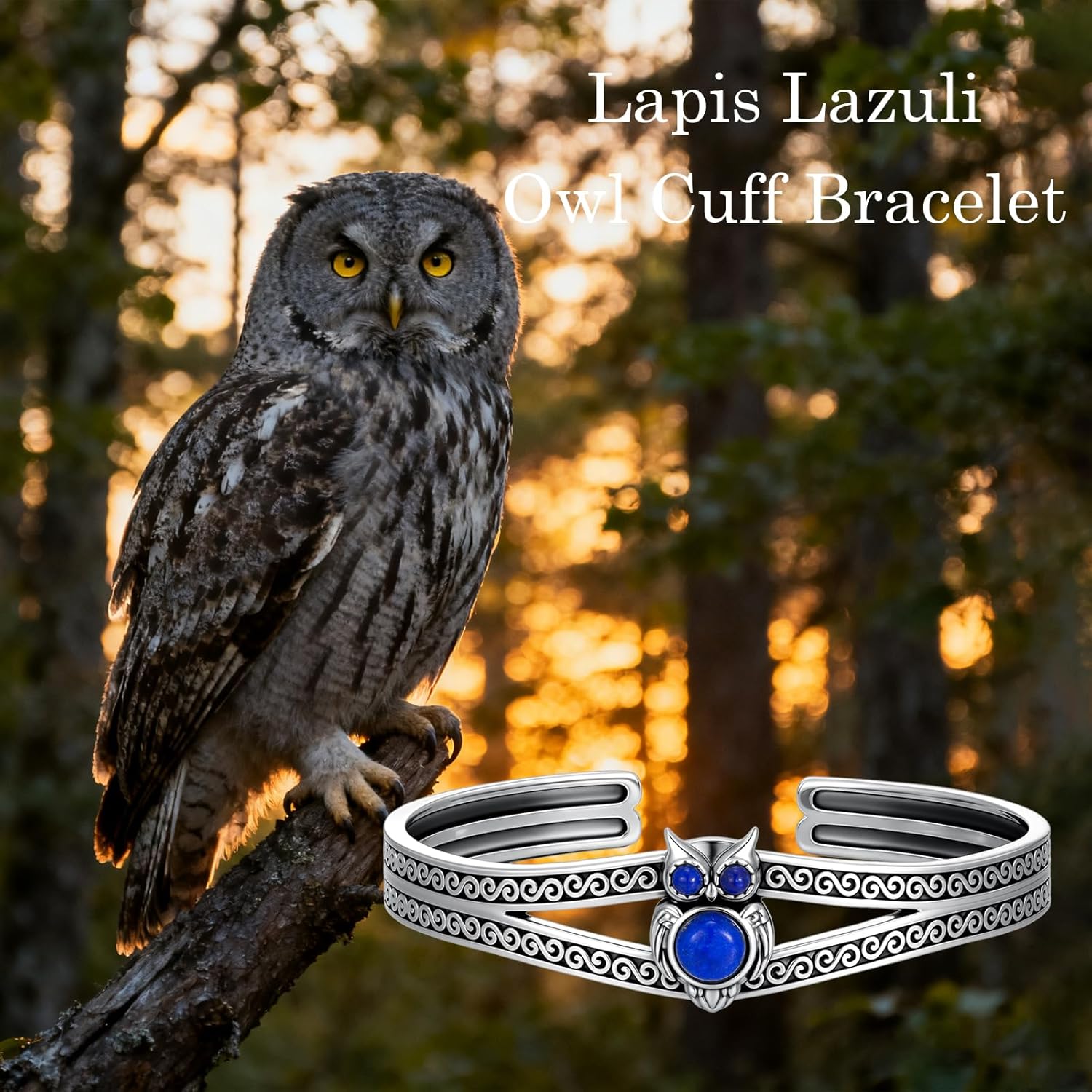 Lapis Lazuli Owl Cuff Bracelet for Women Adjustable Vintage Bangle - 925 Sterling Silver Animal Jewelry Wisdom Gift for Her