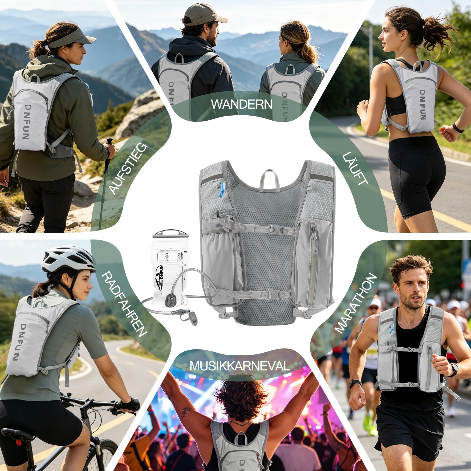 DNFUN Zaino Trail Running, Gilet Running Uomo Donna, Gilet Corsa Riflettente Idratazione Multitasche con Borraccia Morbida 500ml *2 o Sacca Idrica 1.5 per Trekking Ciclismo