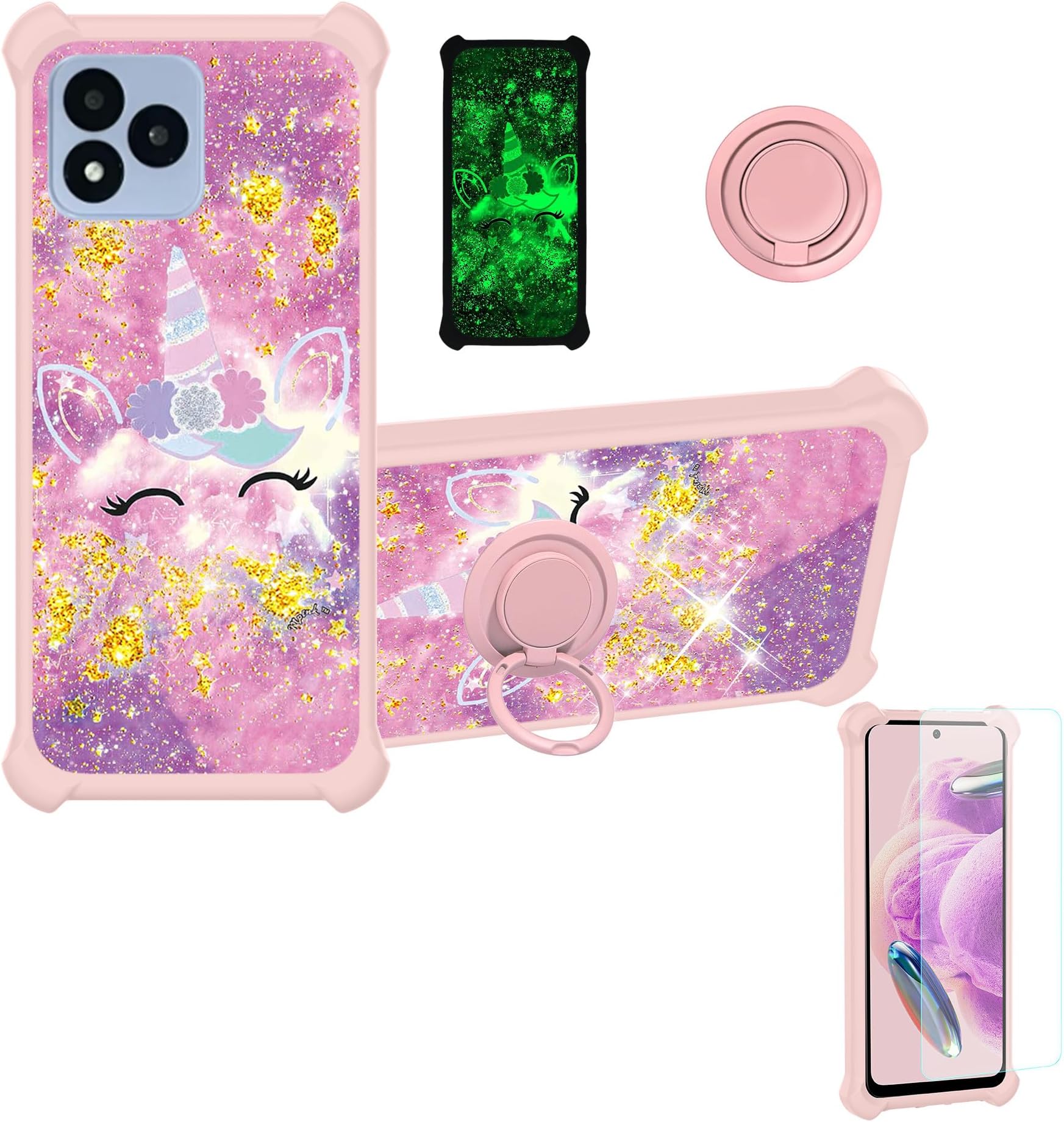 jioeuinly Case Compatible for Vortex J24 Phone Case Cover [with Tempered Glass Screen Protector][Hard PC + Soft Silicone][Ring Support] [Gold Glitter+Luminous] JSF-DJS