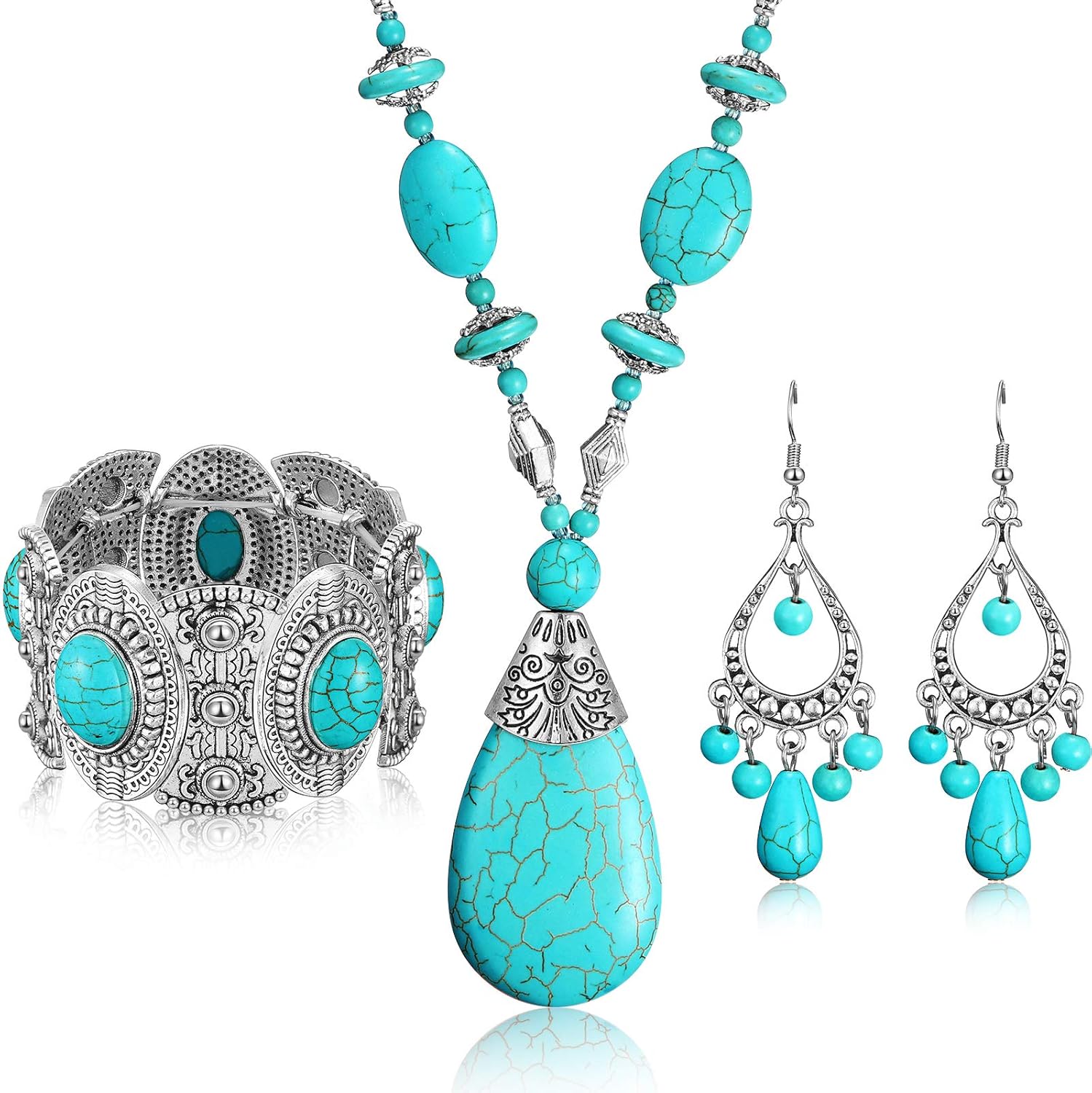 3 Pieces Bohemian Turquoise Jewelry Set for Women - Western Pendant Necklace, Vintage Dangle Earrings, Stretchable Bracelet - Statement Boho Set