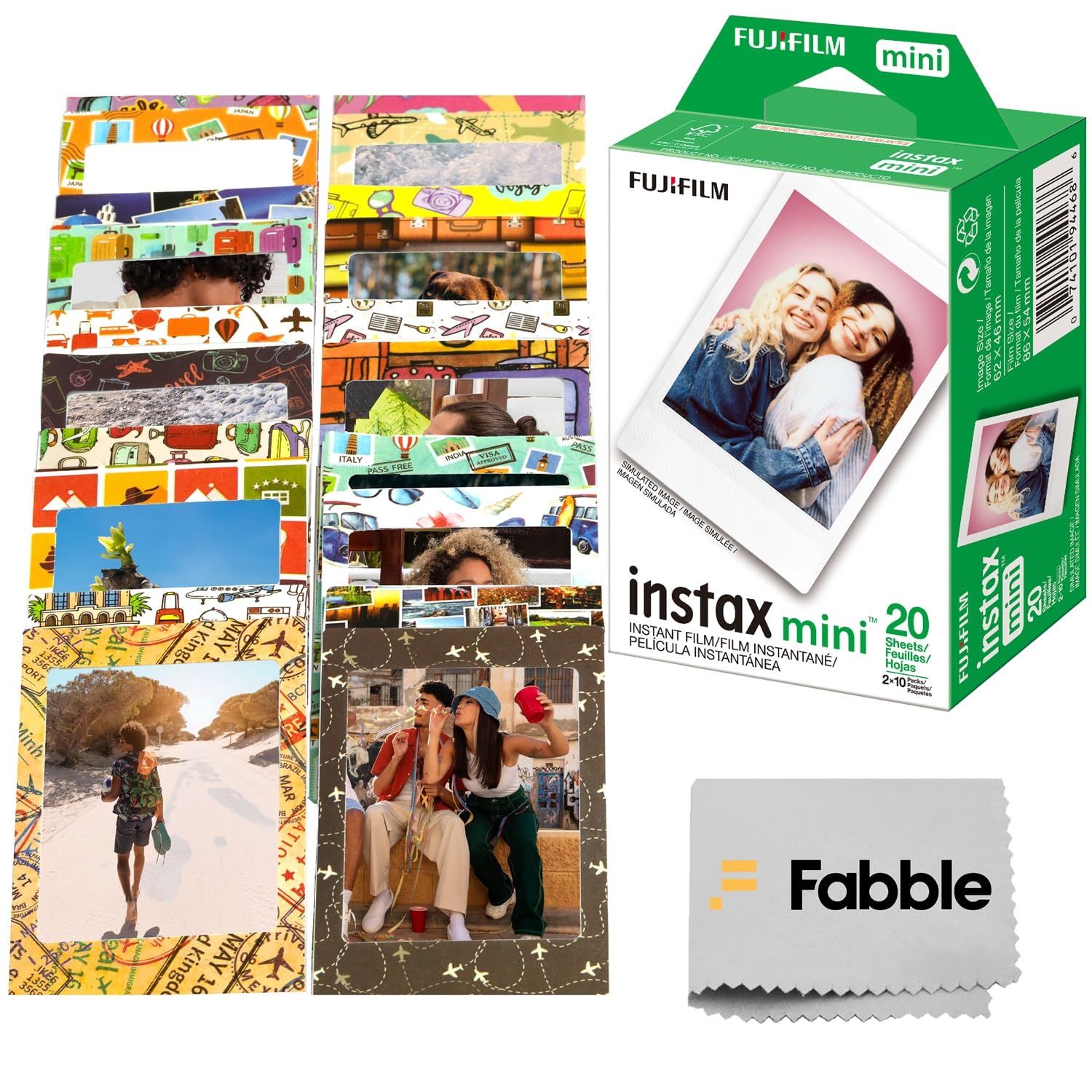 Fujifilm Instax Mini Instant Film Twin Pack 20 Sheets Bundle with 20 Decorative Sticker Frames and Camera Lens Cleaning Cloth – Perfect for Scrapbooks
