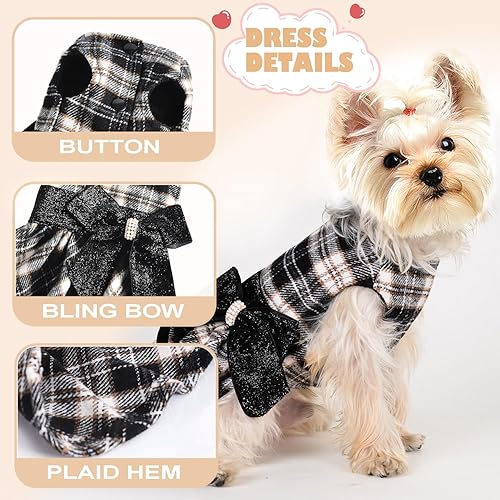 Miniatura 3 de Ropa de invierno para perro, vestido suéter para perros pequeños, niña, dobladillo a cuadros, cuello alto, ropa mullida para perros hembras, ropa