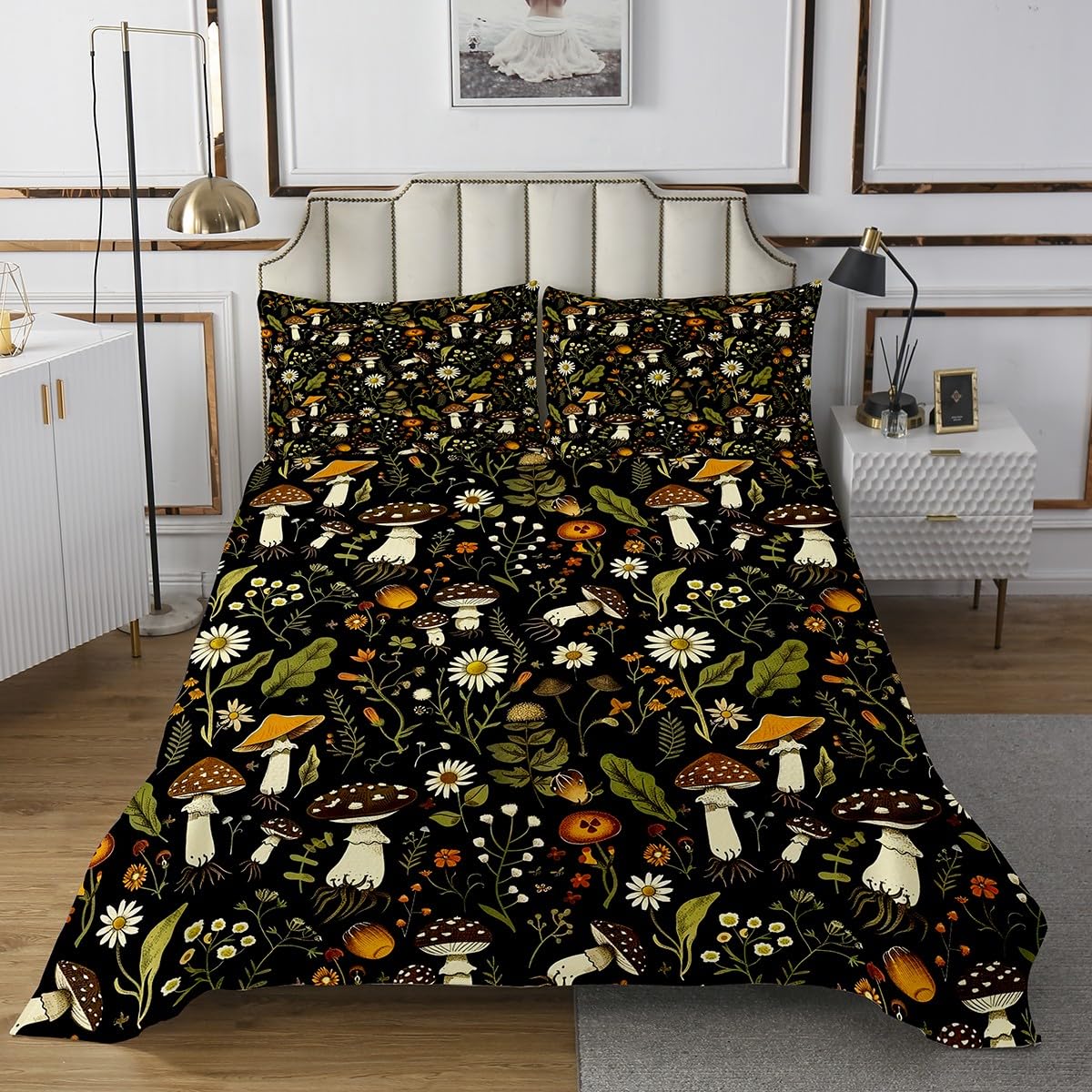 Feelyou Cute Mushroom Bedspread Kids Florl Pattern Quilted Coverlet for Boys Teens Cartoon Mushrooms Coverlet Set Breathable Botanical Leaves Black Brown Quilted King Size
