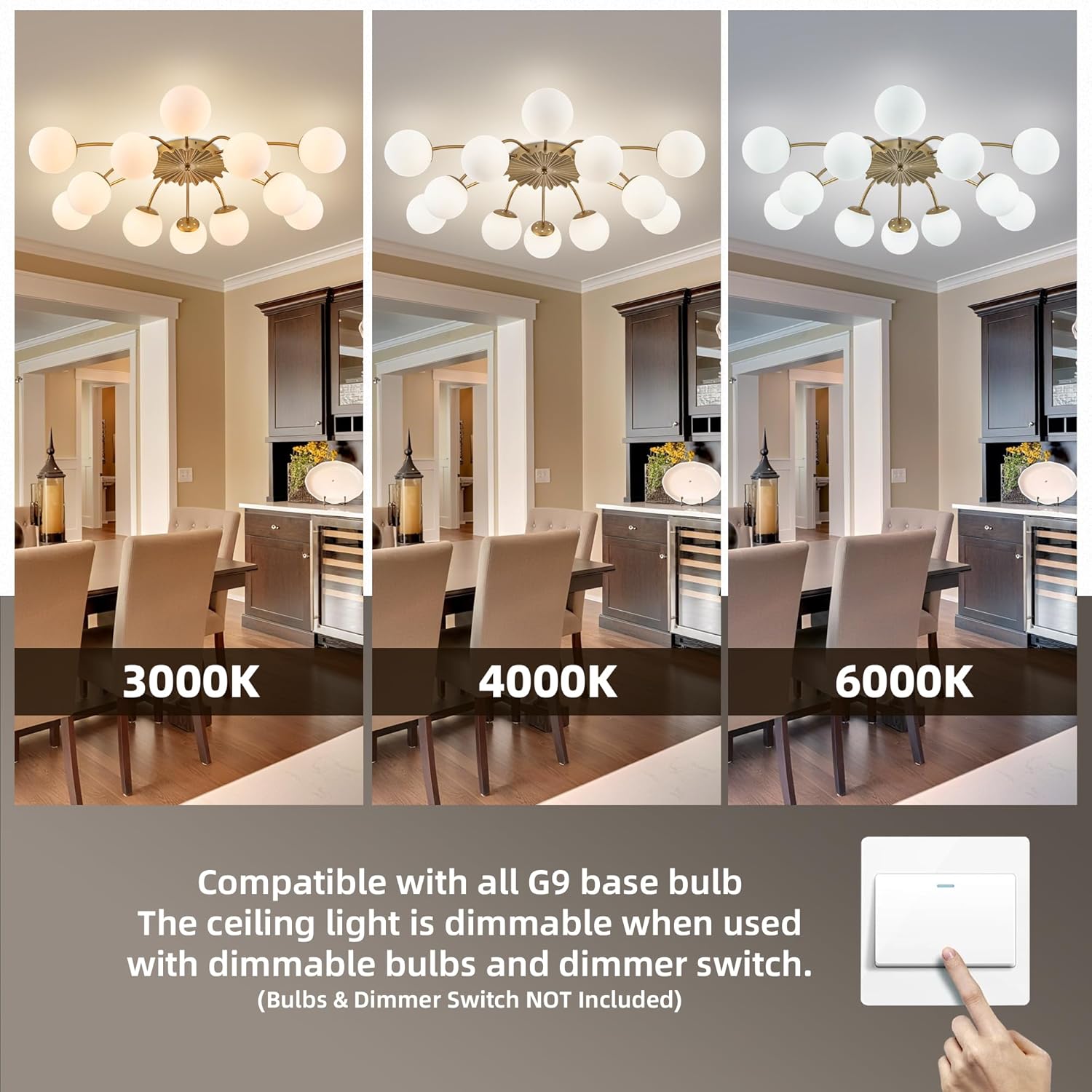 Longree 12-Light Gold and White Sputnik Chandelier Flush Mount Ceiling Lights with Blossom Accent, Mid Century Opal Glass Bubble Starburst Light Fixture for Dining Living Entry Room