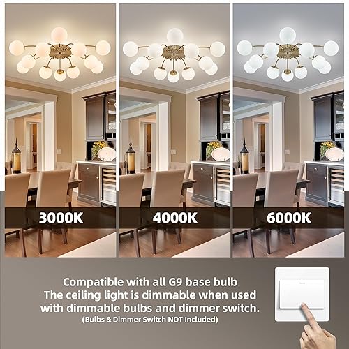 Miniatura 6 de Luces de techo semiempotradas Sputnik de cristal de burbujas de 12 luces, 38.1 pulgadas, con forma de bola de burbuja, de latón de mediados de