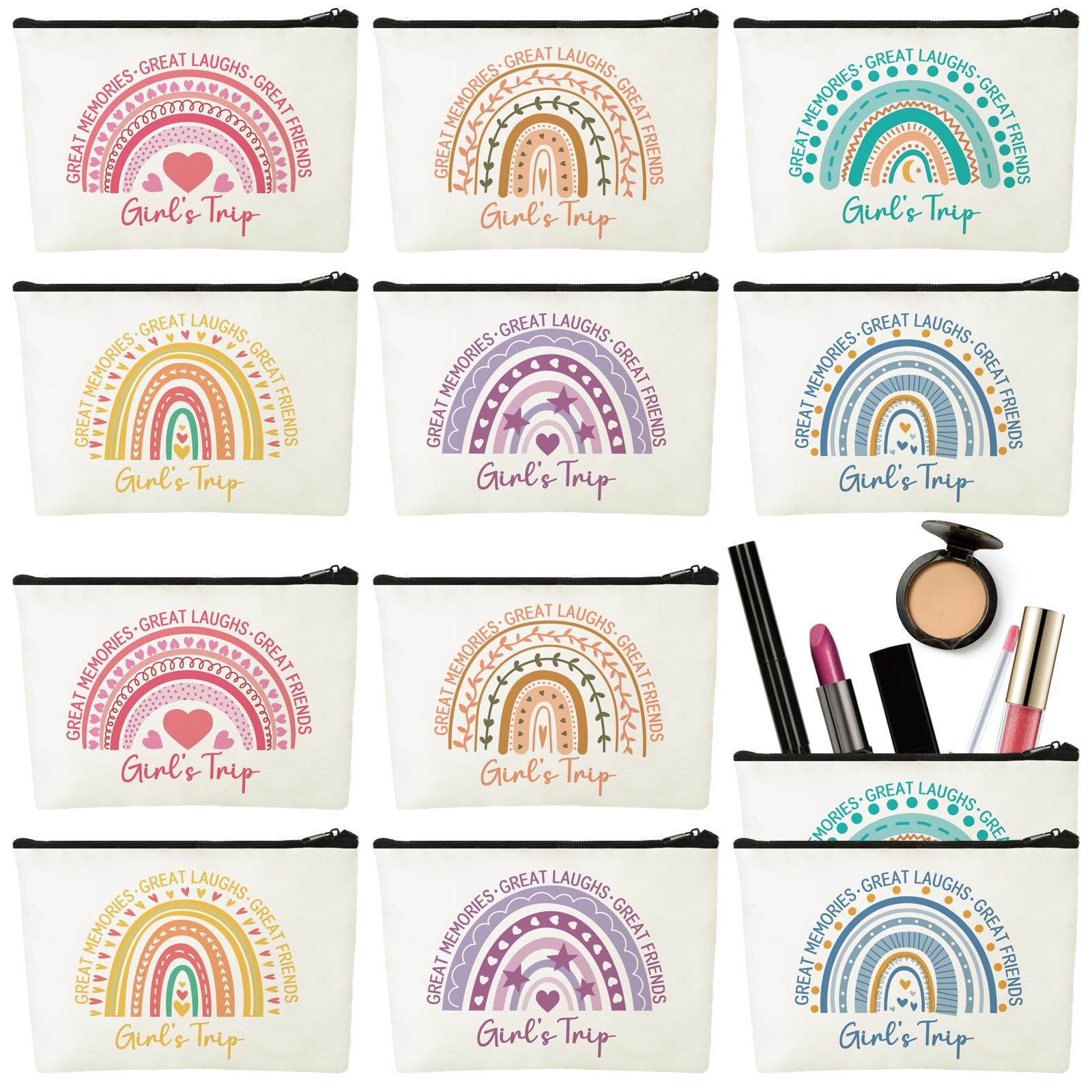 Sweetude 12 Pcs Girls Trip Gifts Favors Girls Weekend Gifts Rainbow Makeup Bag Portable Zipper Toiletry Cosmetic Bags Bachelorette Travel Pouch for