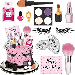 Hooqict 12Pcs Makeup Cake Decorations Set with Mini Lipstick, Mirror, Makeup Tools, Spa Birthday Party Cake Toppers & Cupcake Toppers for Girls Women Spa Birthday Party Supplies