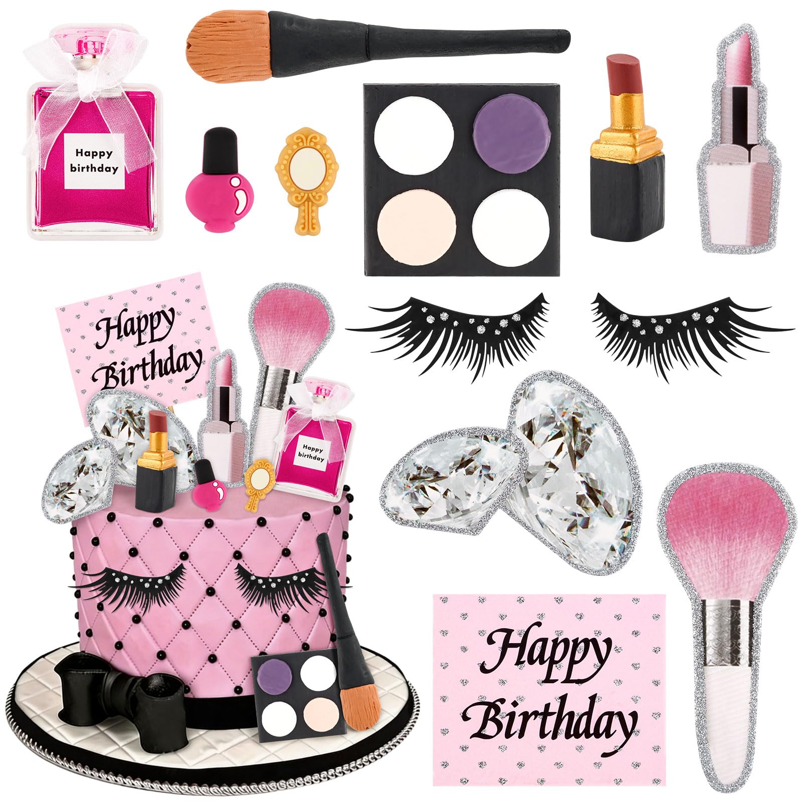Hooqict 12Pcs Makeup Cake Decorations Set with Mini Lipstick, Mirror, Makeup Tools, Spa Birthday Party Cake Toppers & Cupcake Toppers for Girls Women Spa Birthday Party Supplies — image 1