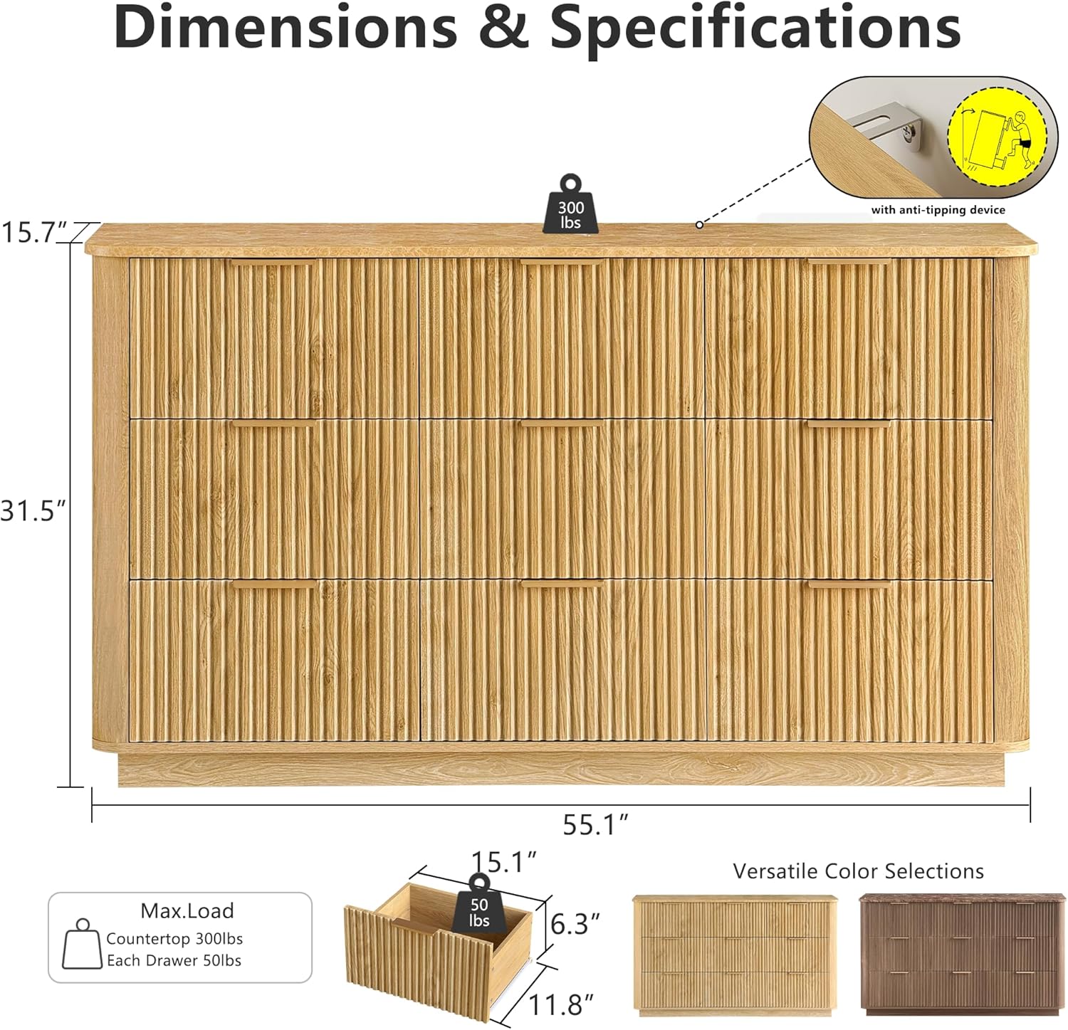 win2win 9 Drawer Dresser, Modern Dresser with Storage, 55" Wide Fluted Chest of Drawers with Faux Marble Top, Dressers TV Stand, Minimalist Drawers Organizer for Bedroom, Living Room, Hallway, Oak - Image 2