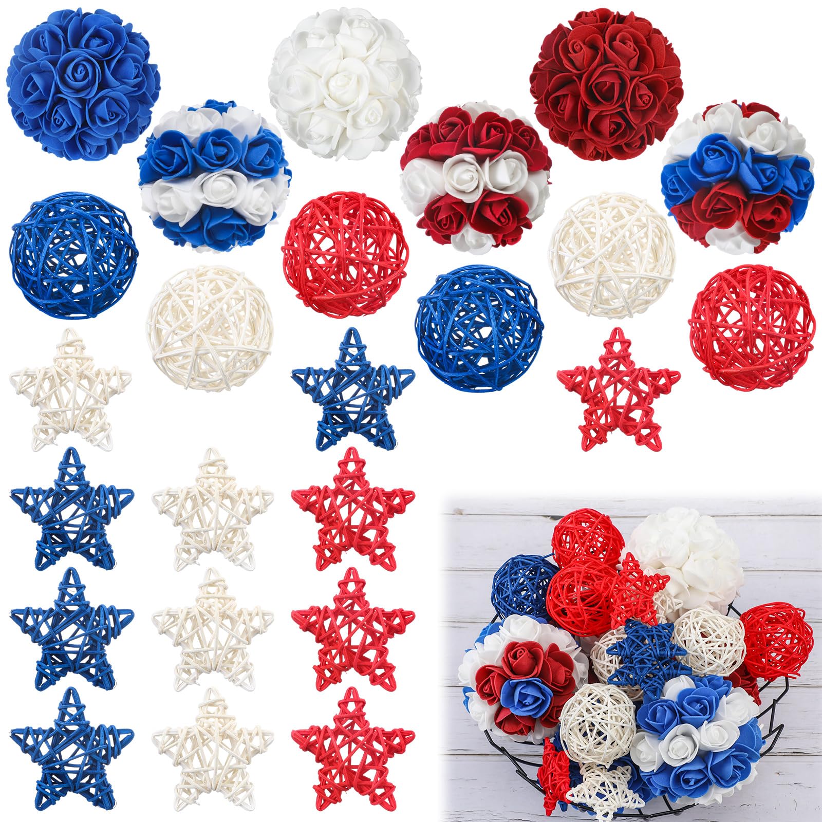 Maysing24 Pcs Veterans Day Party Decor Balls Include 6 Red White Blue Flower Balls 6 Patriotic Rattan Balls 12 Stars Wicker Ball for Patriotic Vase Bowl Filler Party Favor Supplies Table Decorations