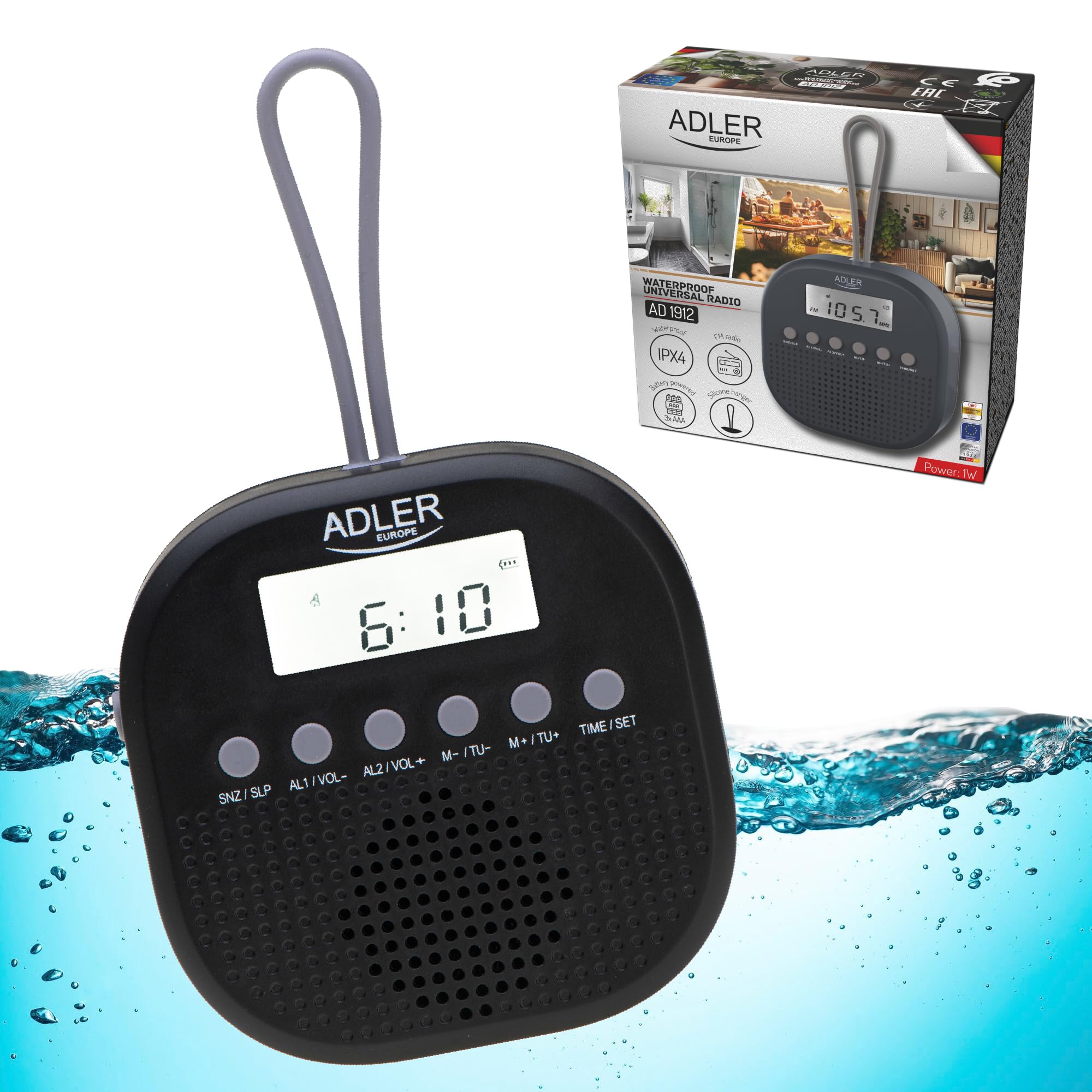 Adler Radio de Salle de Bain numérique AD 1912, IPX4 étanche, FM 87,5-108 MHz, écran LCD, Fonction Double Alarme, Fonction répétition, Crochet en Silicone Souple, Noir