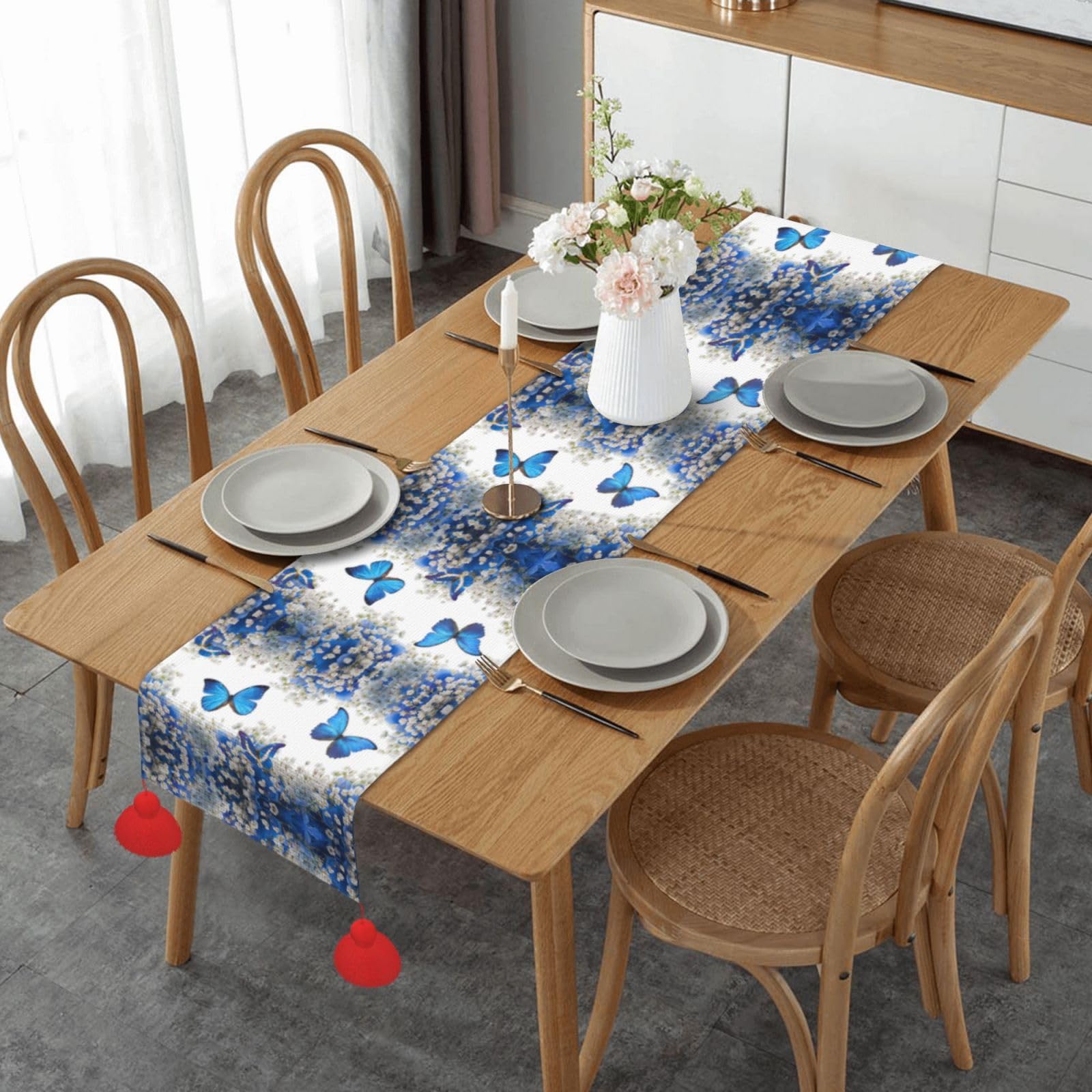 Chemin de table papillons bleus en tissu de qualité supérieure pour cuisine chic