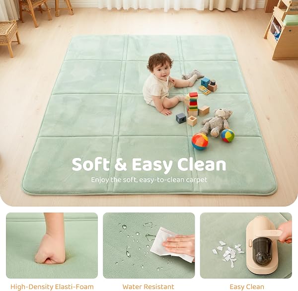 BYBYME 3cm Thick Baby Play Mat for Floor, 120 * 180cm Foldable Playpen Mat with Non-Slip Backing for Infant, Kids and Toddler Crawling, and Perfect Carpets for Yoga, Exercise, Light Green - 4