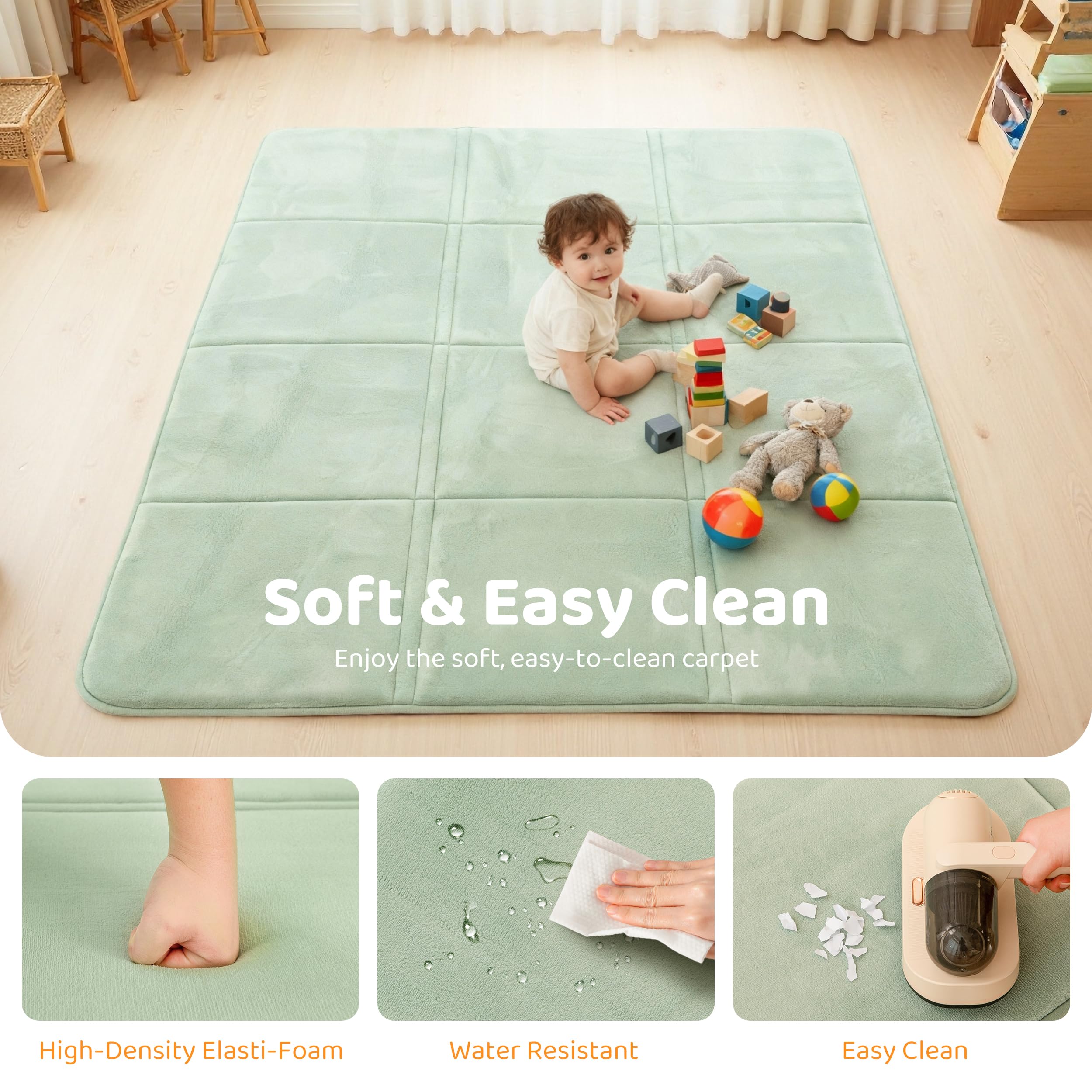BYBYME 3cm Thick Baby Play Mat for Floor, 120 * 180cm Foldable Playpen Mat with Non-Slip Backing for Infant, Kids and Toddler Crawling, and Perfect Carpets for Yoga, Exercise, Light Green - 4