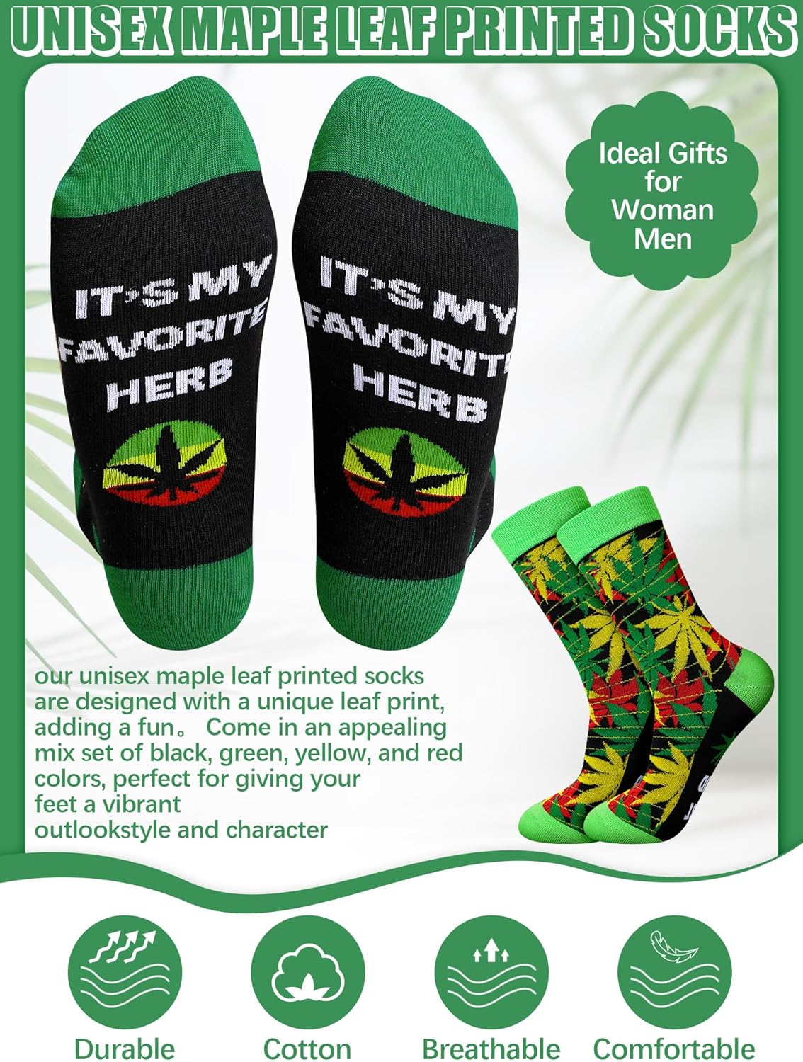 6 Pairs Novelty Leaf Socks for Men 420 Leaf Funny Flowers Cotton Crew Socks Green Pot for Adult Valentines 420 Gift - Image 4